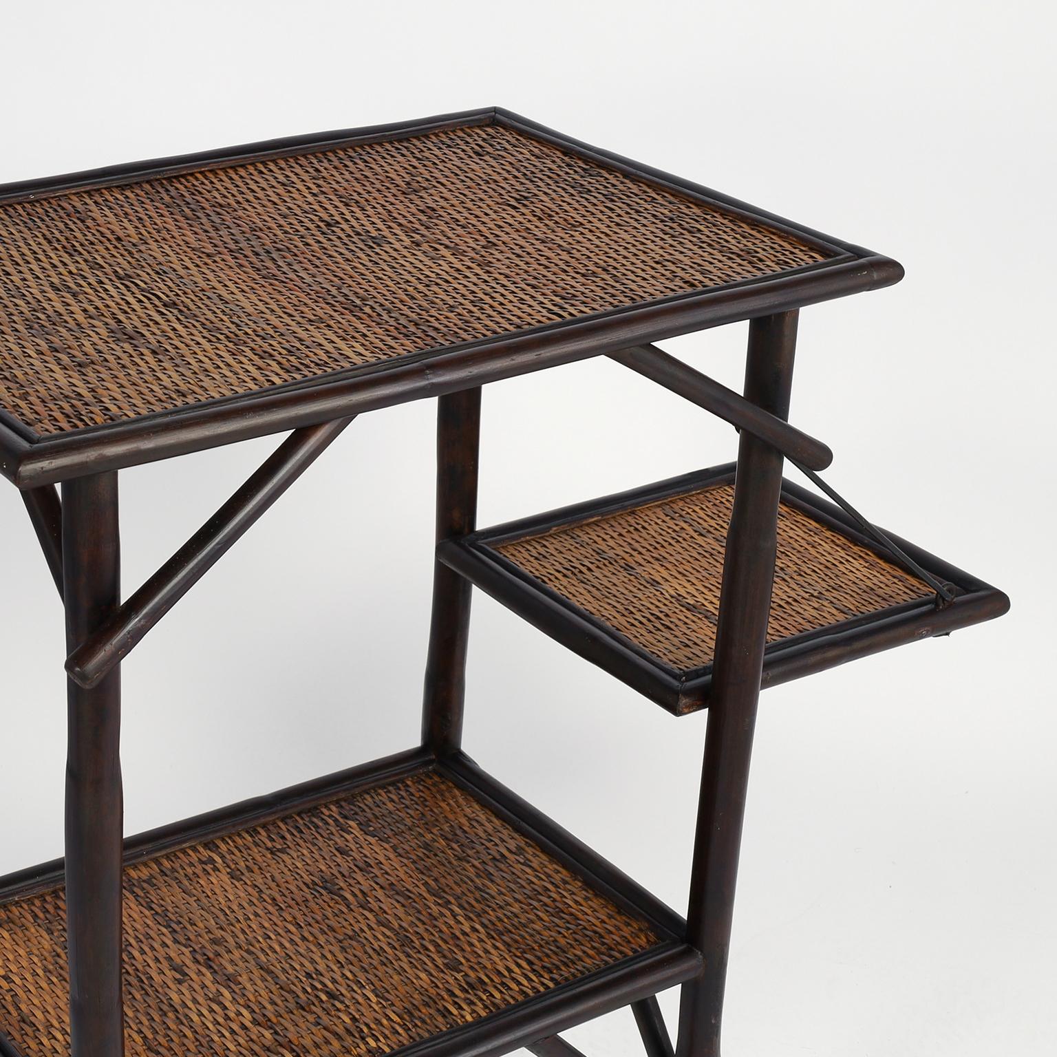 Pair of British Colonial Style Faux Bamboo and Grasscloth Two Tiered Stands 4