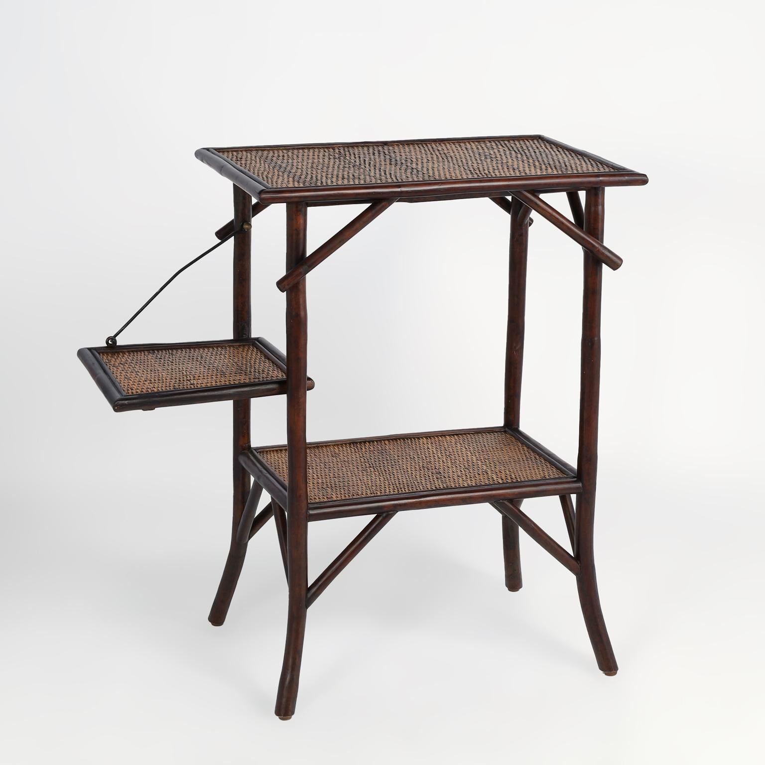 Hand-Crafted Pair of British Colonial Style Faux Bamboo and Grasscloth Two Tiered Stands