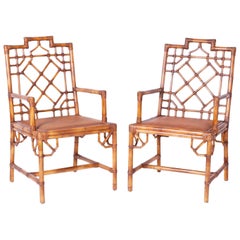 Pair of British Colonial Style Faux Bamboo Chinese Chippendale Armchairs