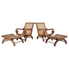 Pair of British Colonial Style Plantation Lounge Chairs with Ottomans