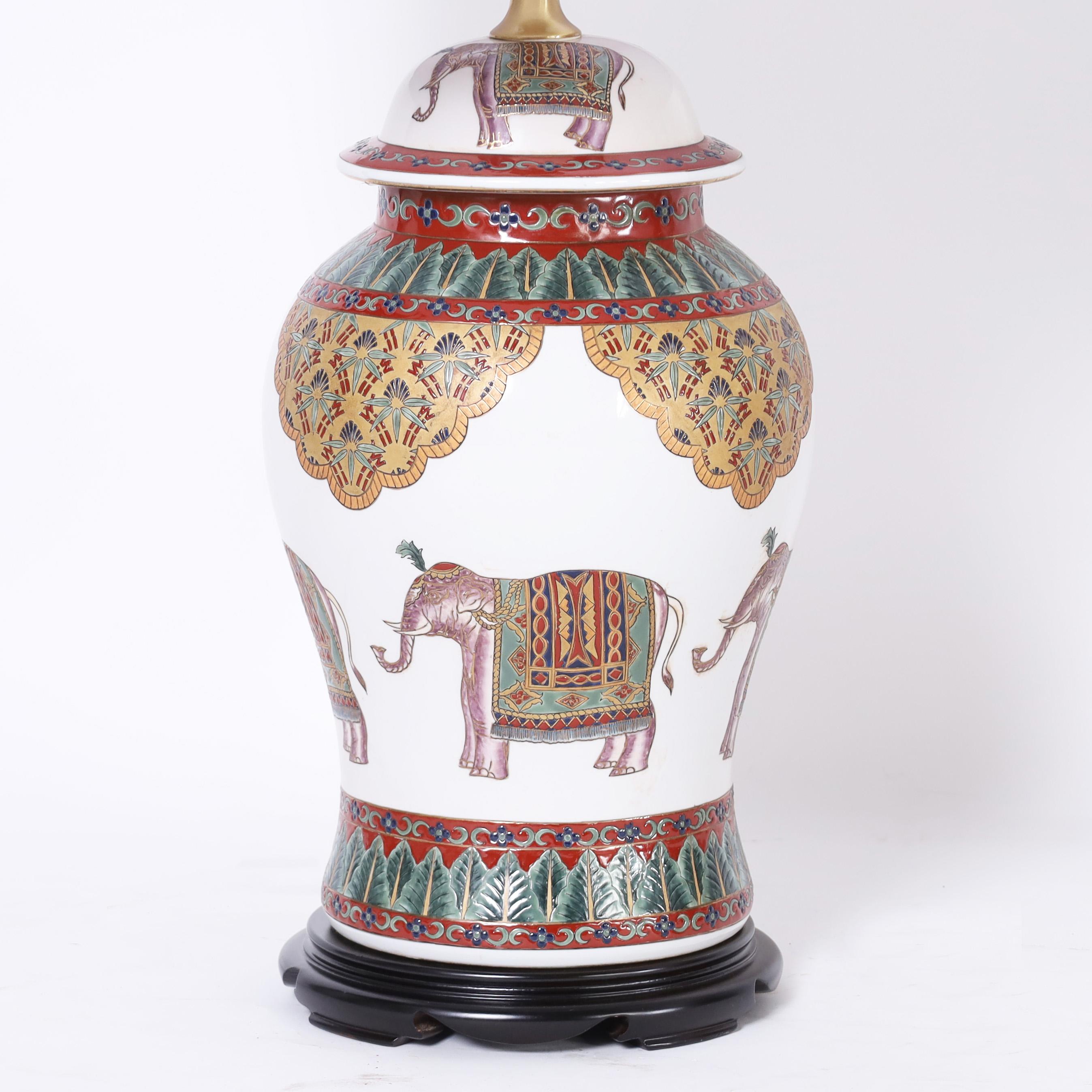 Chinese Pair of British Colonial Style Table Lamps with Elephants For Sale