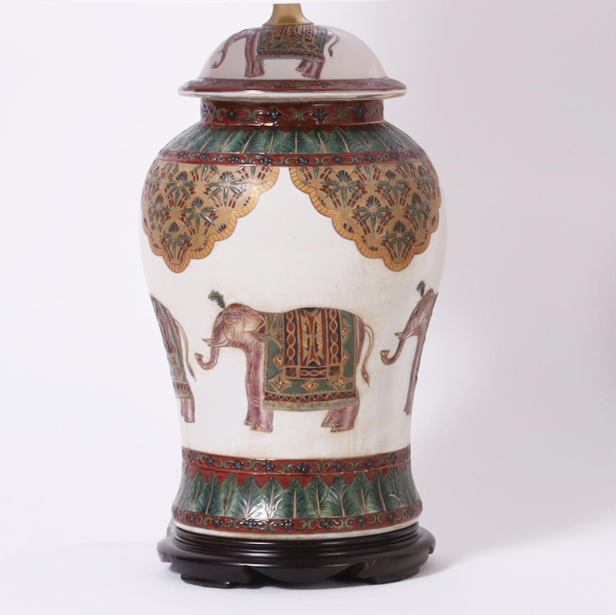 Chinese Pair of British Colonial Style Table Lamps with Elephants