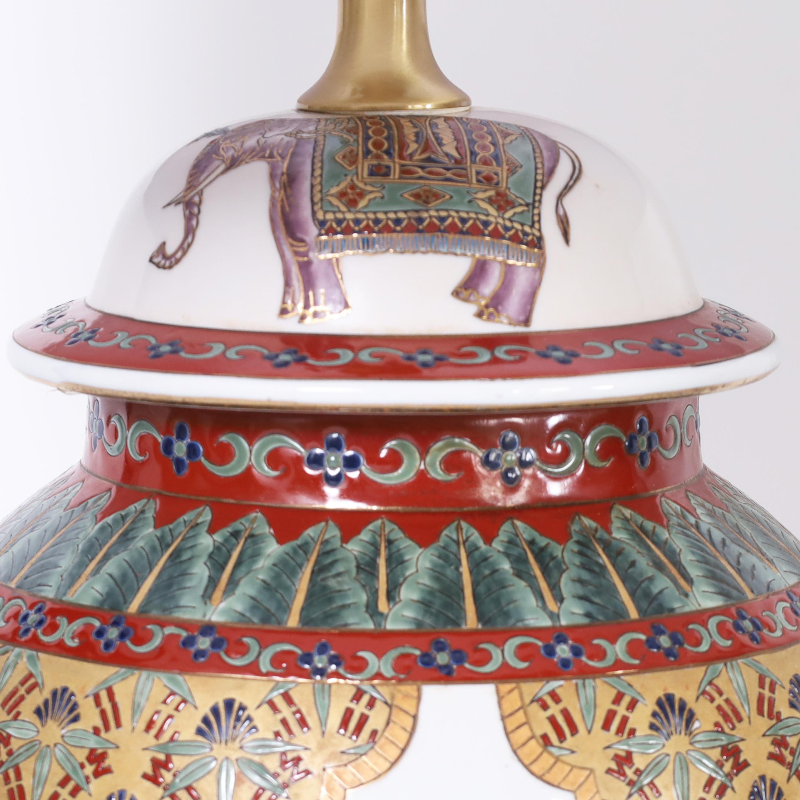 Hand-Painted Pair of British Colonial Style Table Lamps with Elephants For Sale