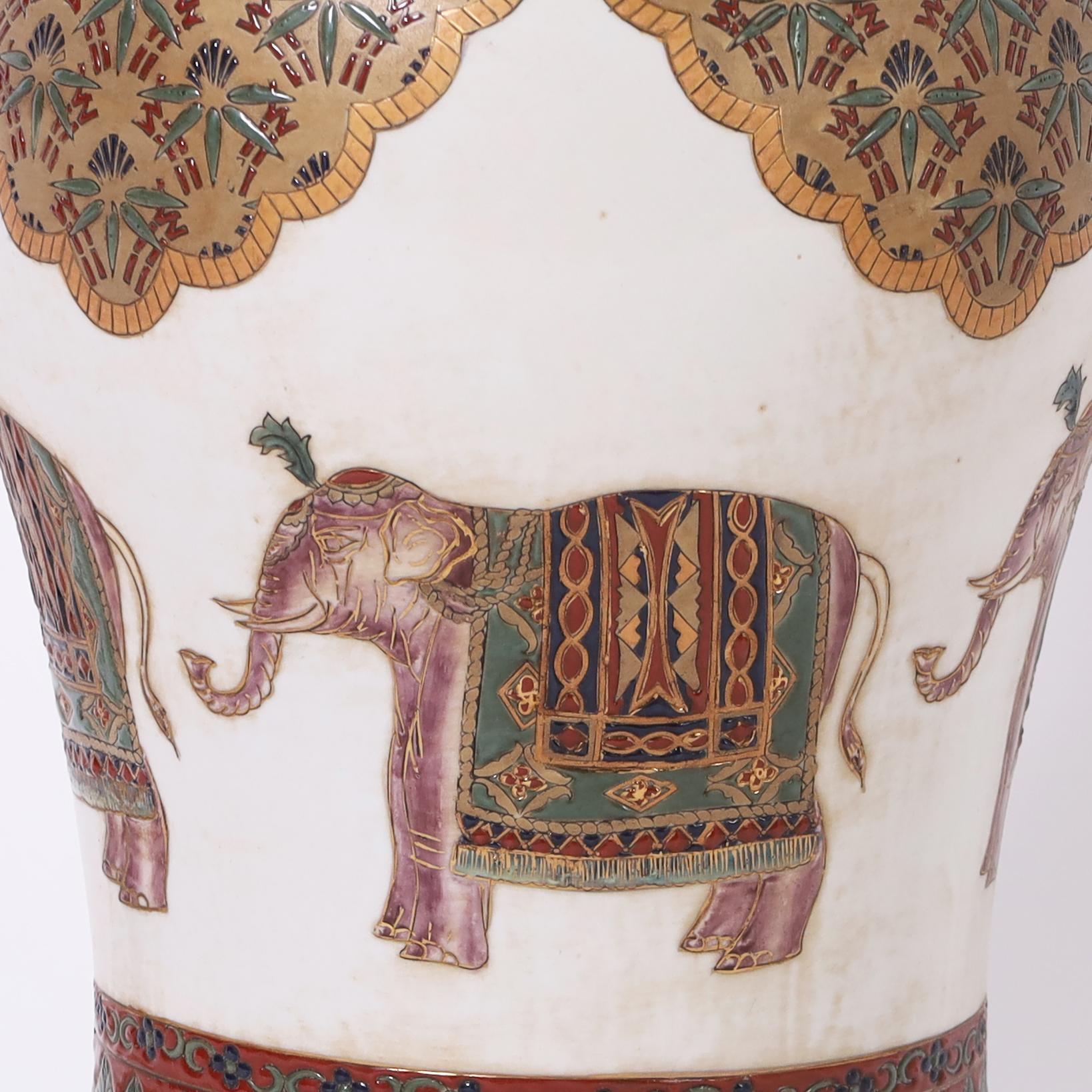 Hand-Painted Pair of British Colonial Style Table Lamps with Elephants