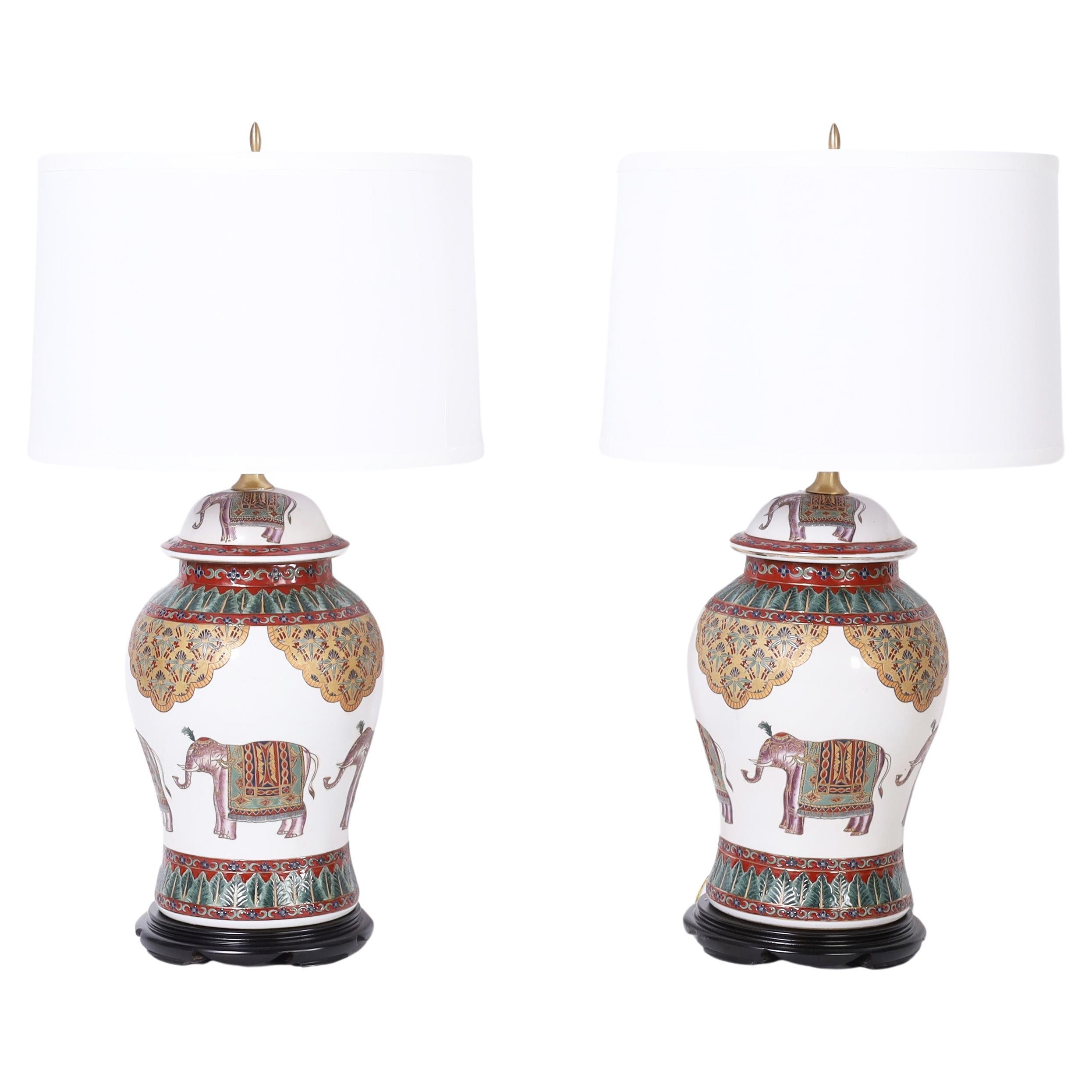 Pair of British Colonial Style Table Lamps with Elephants For Sale