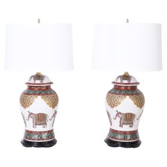 Retro Pair of British Colonial Style Table Lamps with Elephants