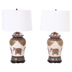 Pair of British Colonial Style Table Lamps with Elephants