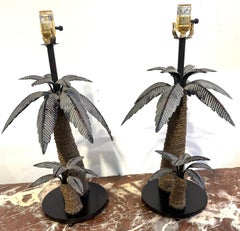 Pair of British Colonial Style Tole and Rope Double Palm Tree Lamps