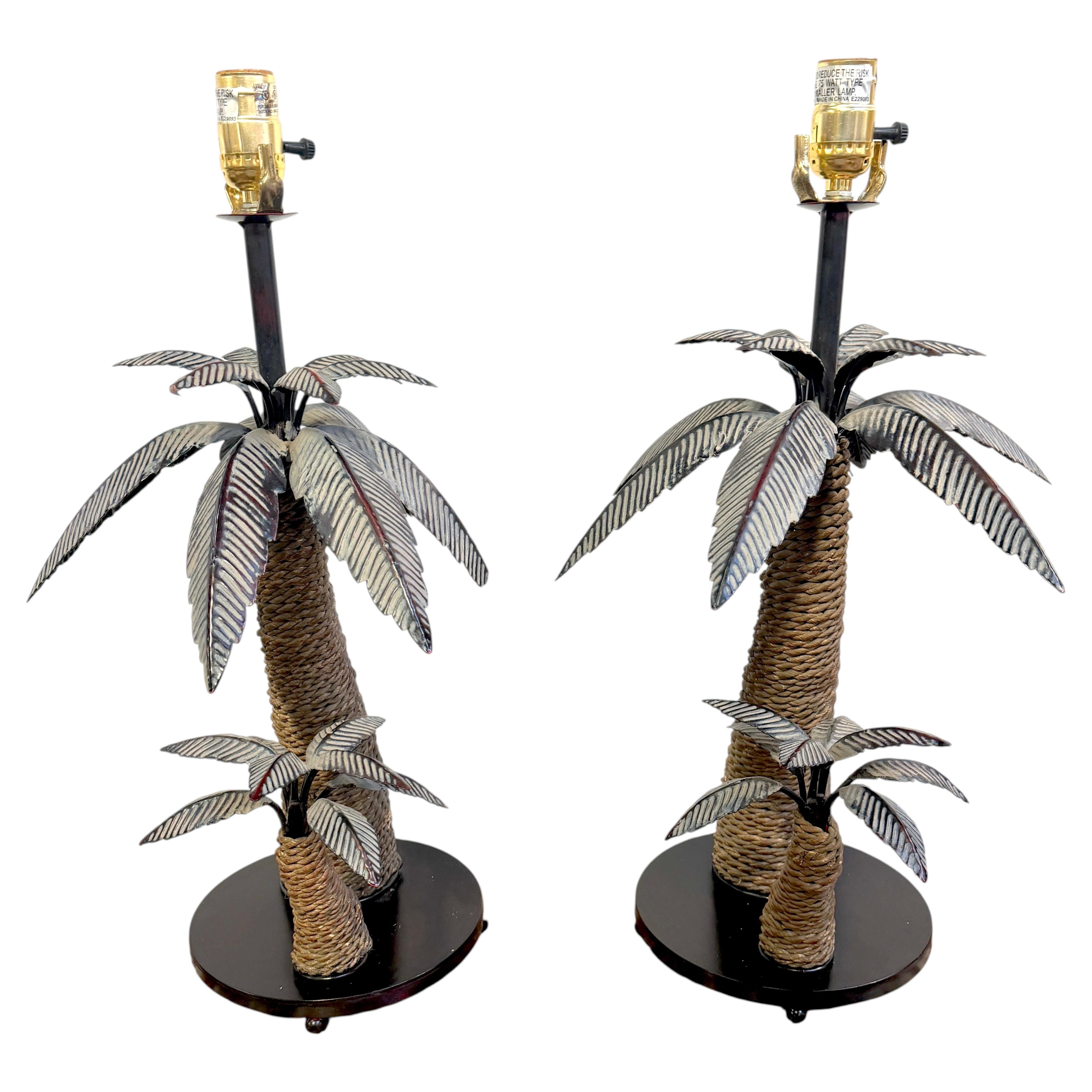 Pair of British Colonial Style Tole and Rope Double Palm Tree Lamps