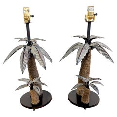 Pair of British Colonial Style Tole and Rope Double Palm Tree Lamps
