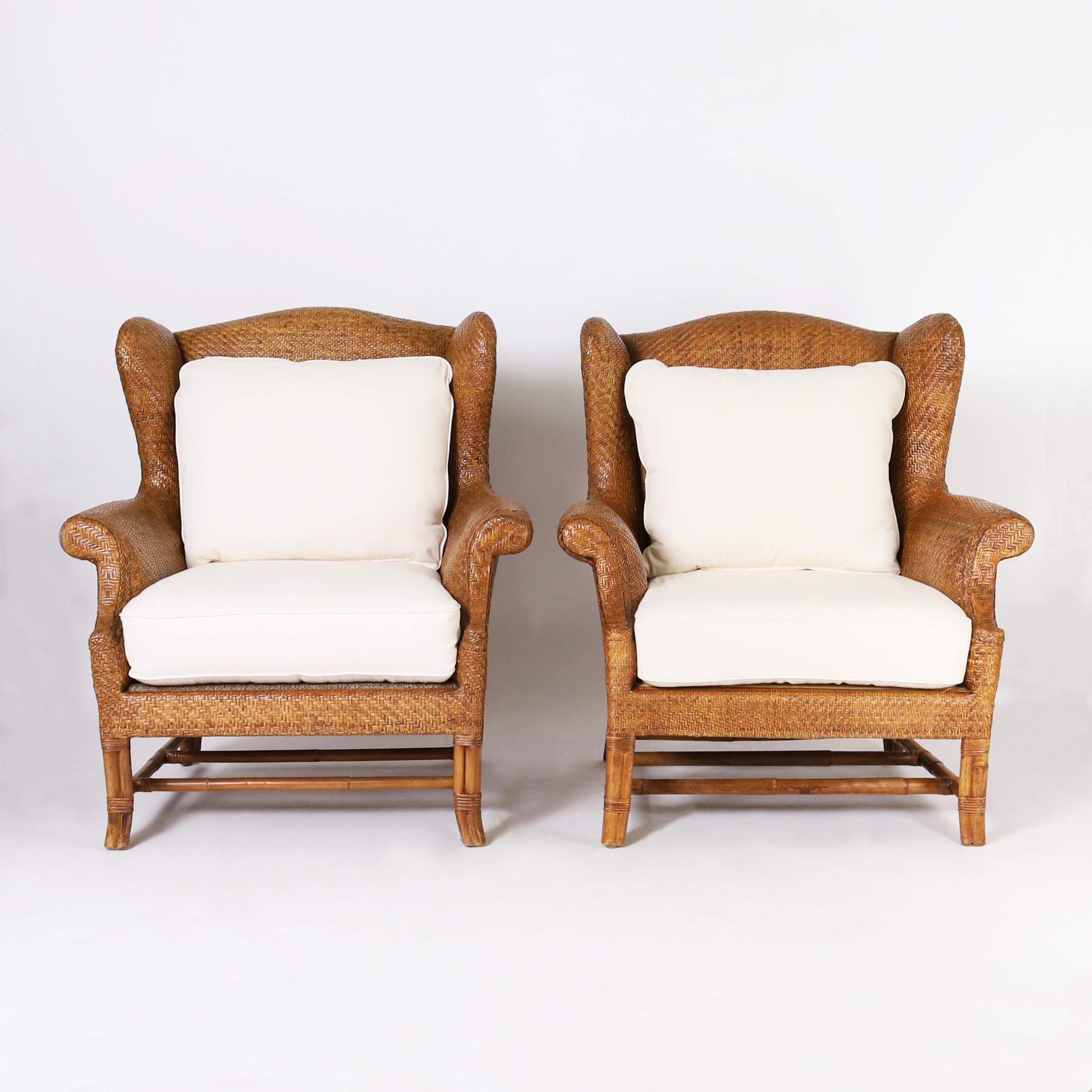 American Pair of British Colonial Style Wingback Armchairs by Baker For Sale