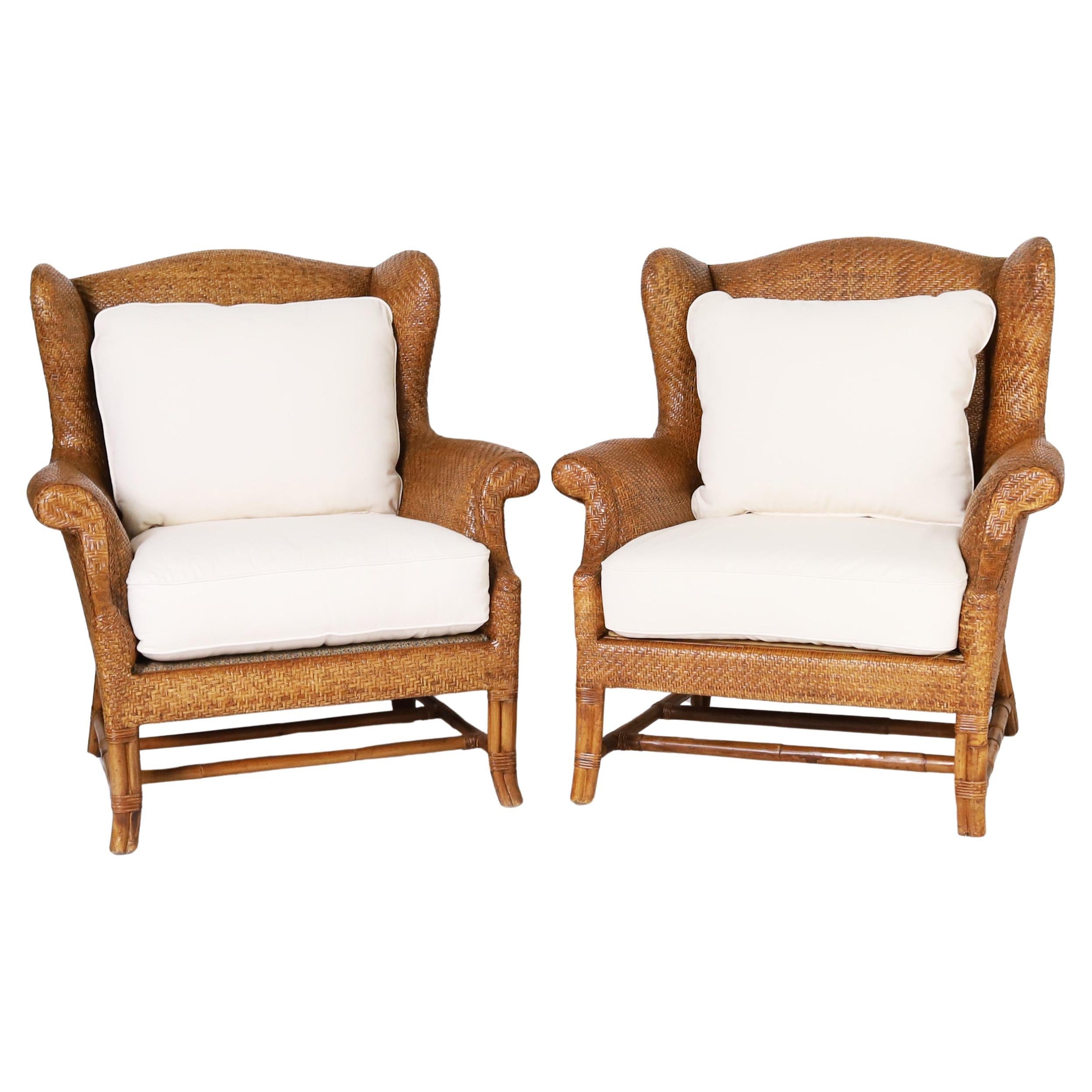 Pair of British Colonial Style Wingback Armchairs by Baker