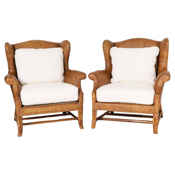 Pair of British Colonial Style Wingback Armchairs by Baker at 1stDibs