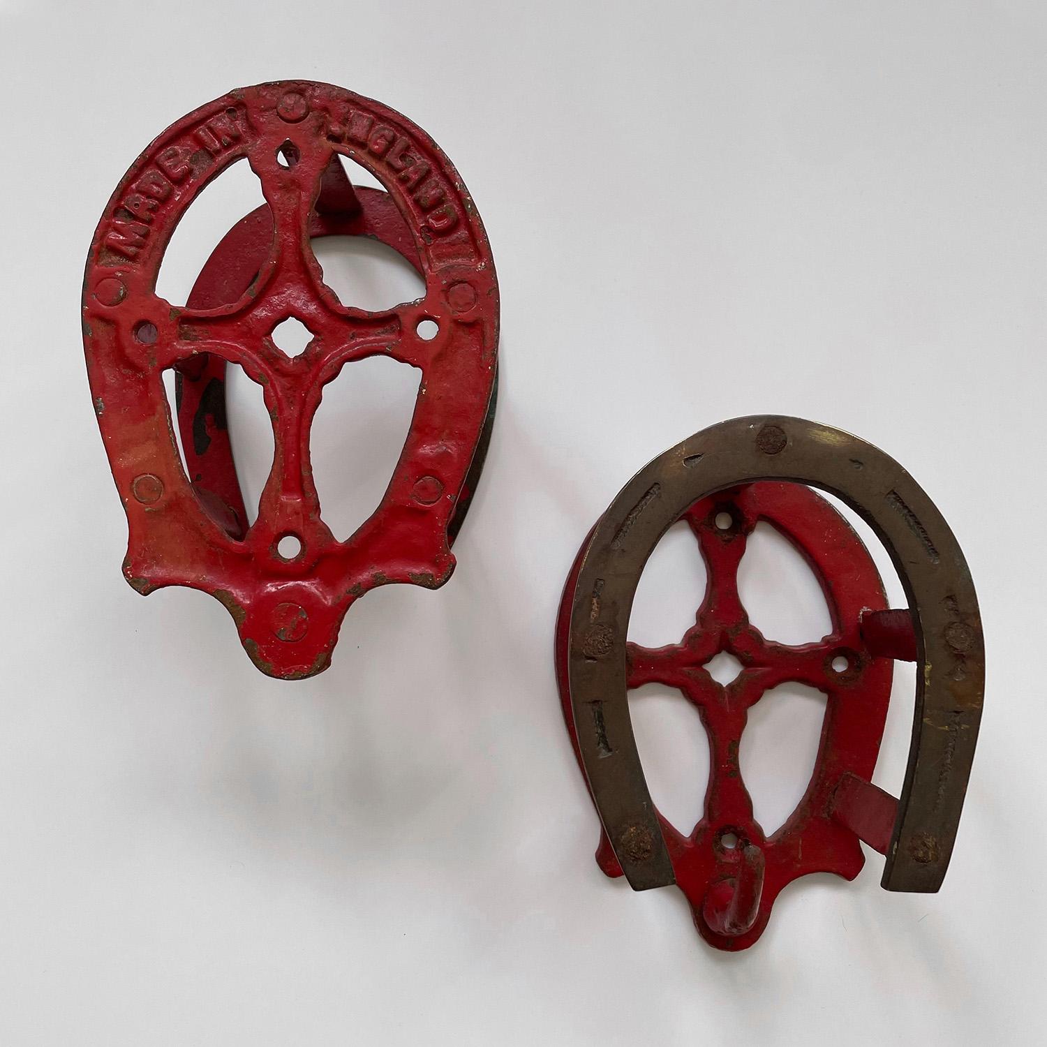 Brass Pair of British Equestrian Red Horseshoe Wall Hooks For Sale