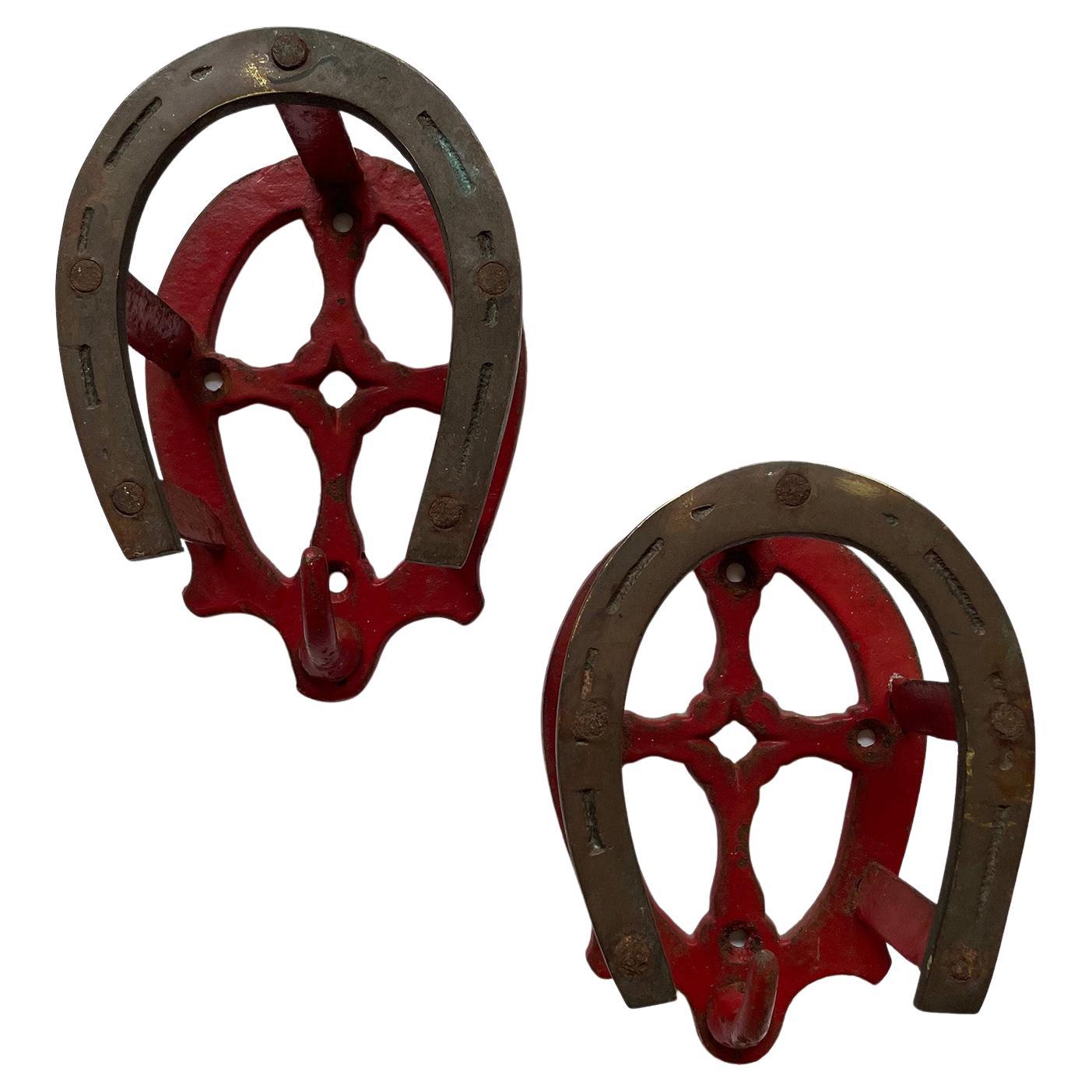 Pair of British Equestrian Red Horseshoe Wall Hooks For Sale