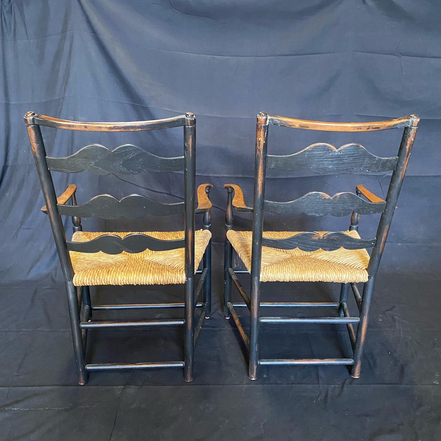 Pair of British Georgian Style Ladderback Carved Armchairs with Rush Seats 8