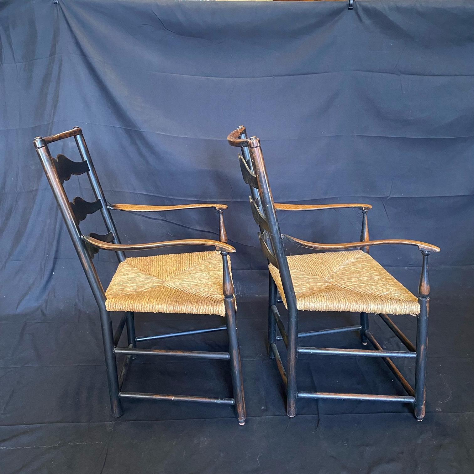 Pair of British Georgian Style Ladderback Carved Armchairs with Rush Seats 1