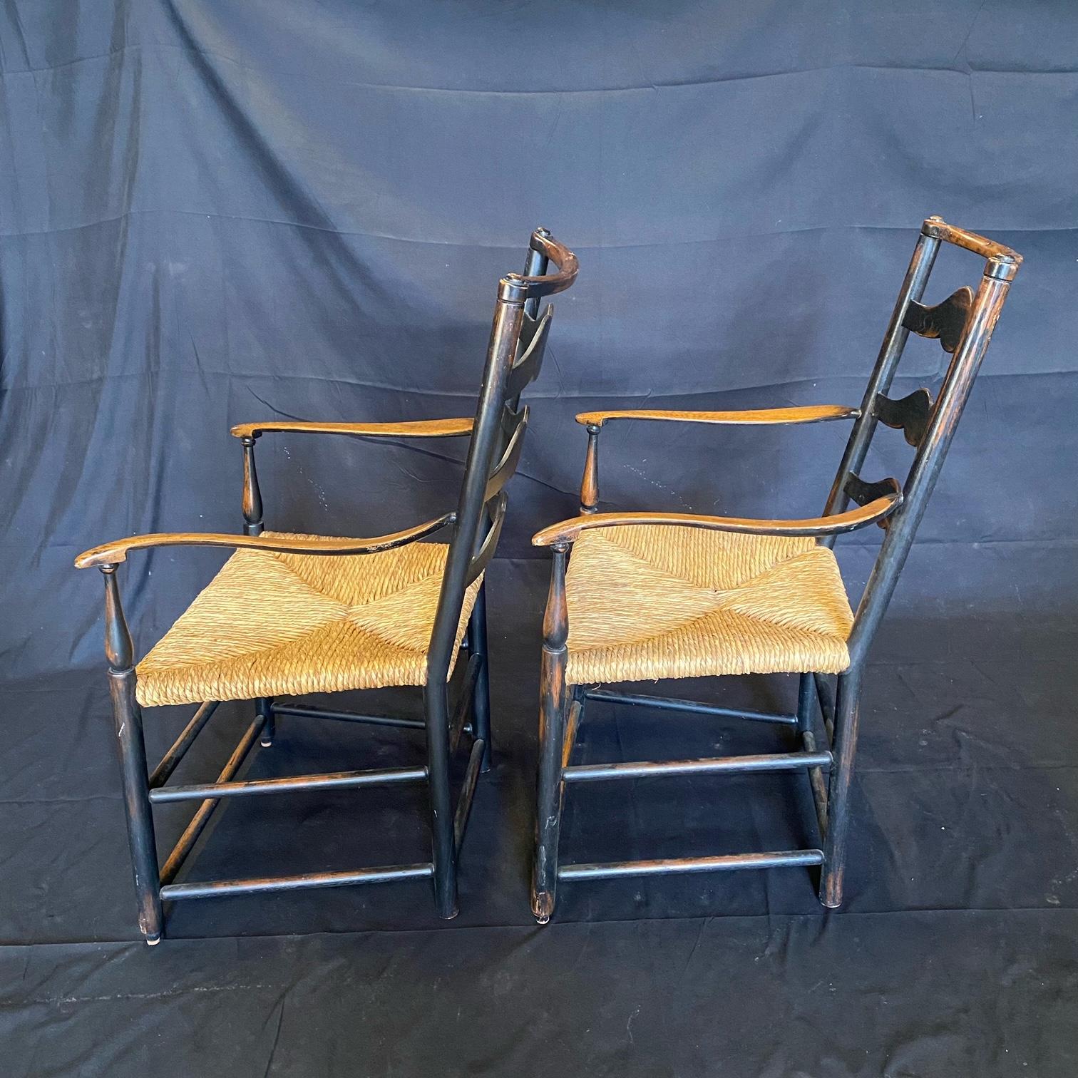 Pair of British Georgian Style Ladderback Carved Armchairs with Rush Seats 2