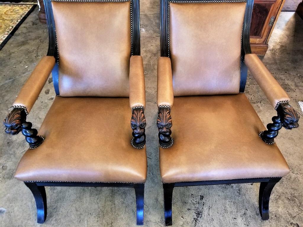 Leather Pair of British Library Chairs with Lions Heads