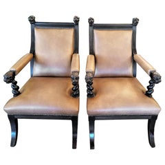 Antique Pair of British Library Chairs with Lions Heads