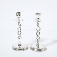 Pair of British Mid-Century Modern Nickel Helix Form Candle Holders
