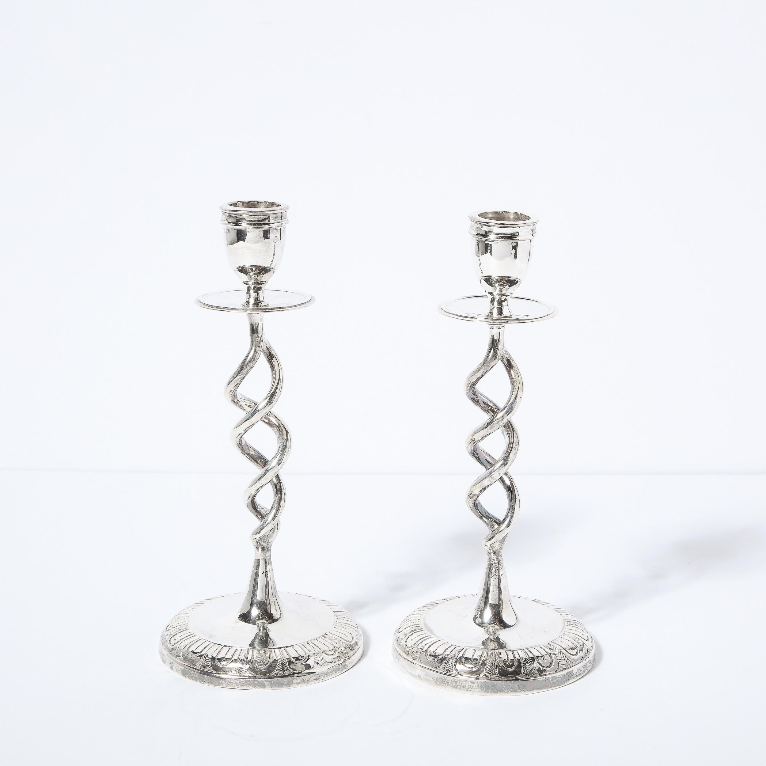 English Pair of British Mid-Century Modern Nickel Helix Form Candle Holders For Sale