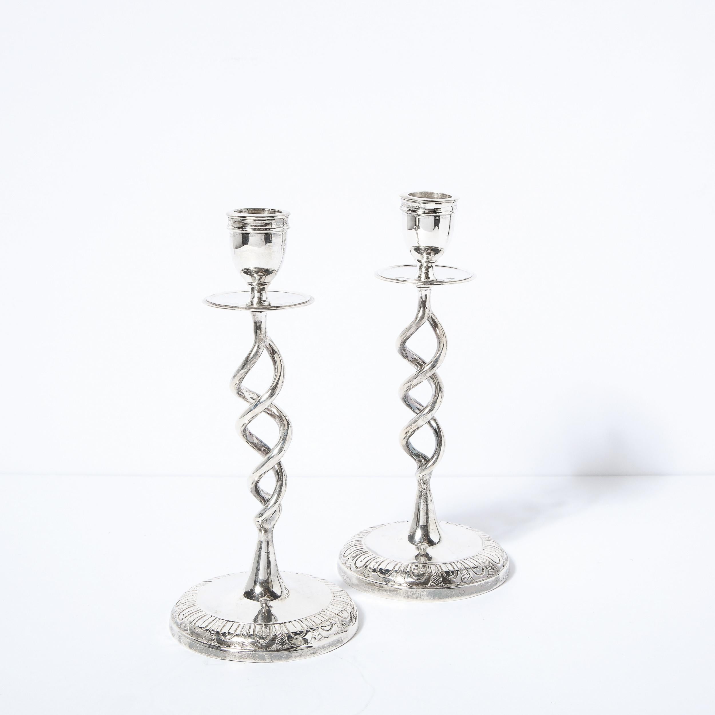Pair of British Mid-Century Modern Nickel Helix Form Candle Holders In Excellent Condition For Sale In New York, NY