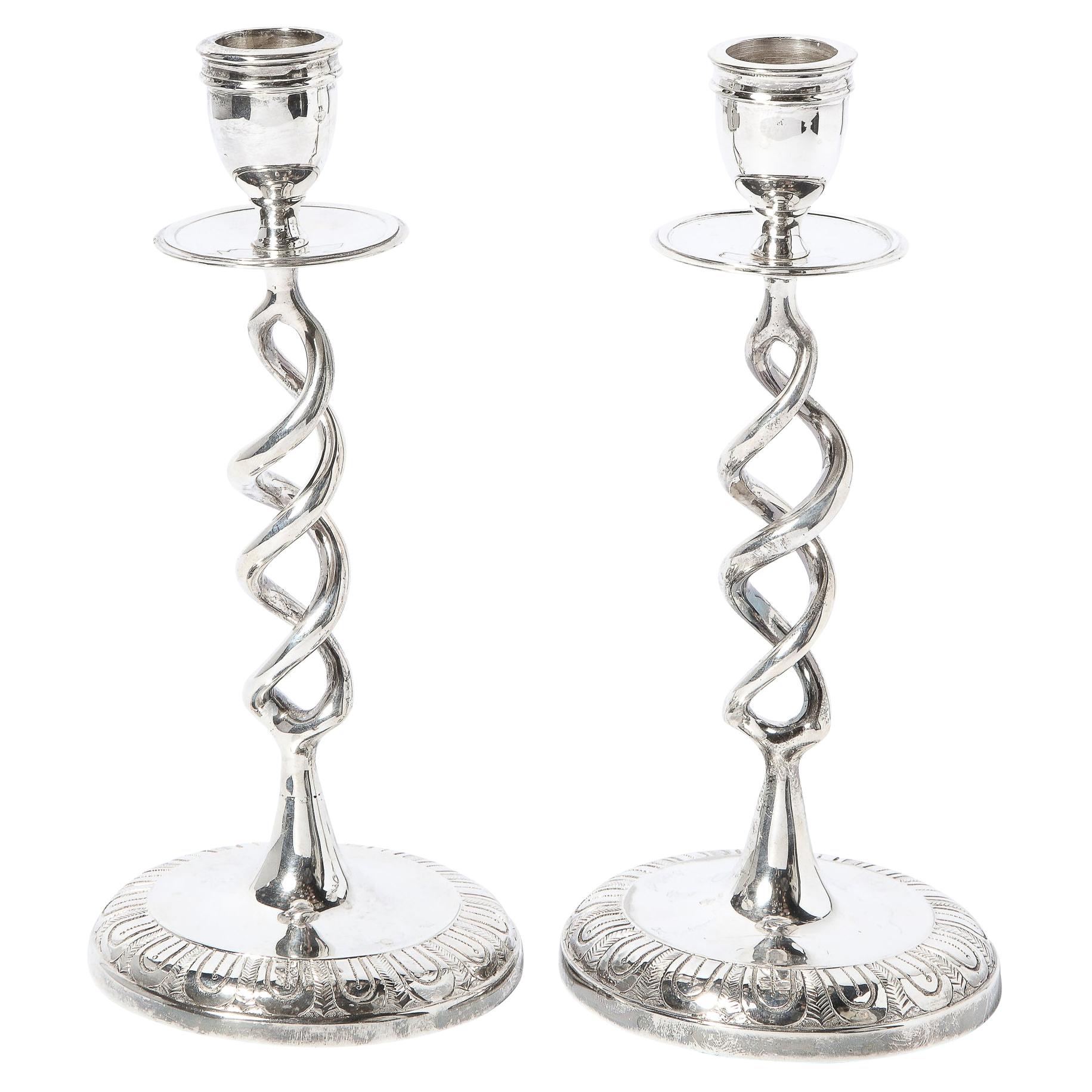 Pair of British Mid-Century Modern Nickel Helix Form Candle Holders