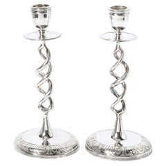 Retro Pair of British Mid-Century Modern Nickel Helix Form Candle Holders