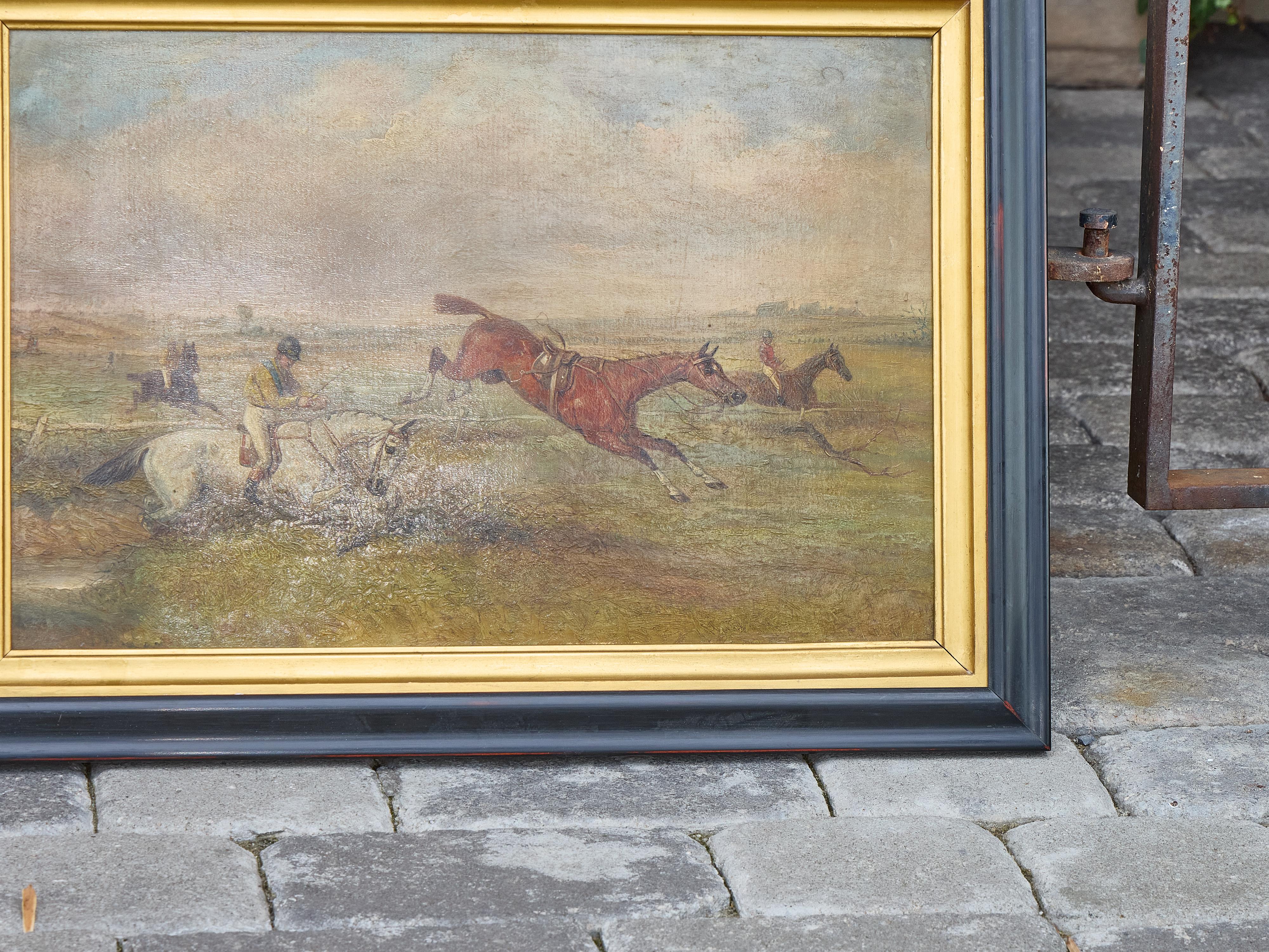 Paar britische Steeplechase-Pferdrennen-Gemälde auf Karton, gerahmt im Angebot 3