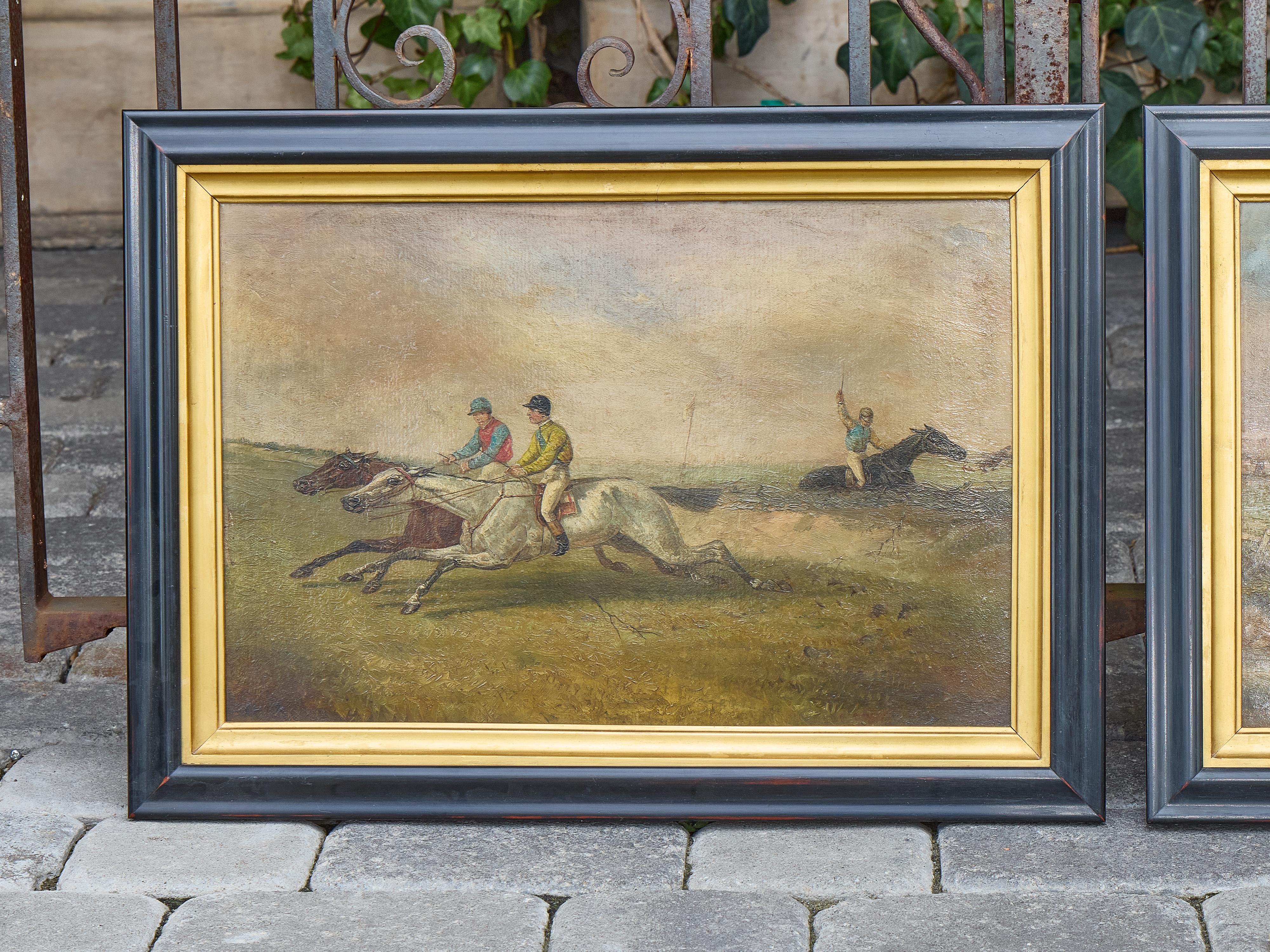Paar britische Steeplechase-Pferdrennen-Gemälde auf Karton, gerahmt (Englisch) im Angebot
