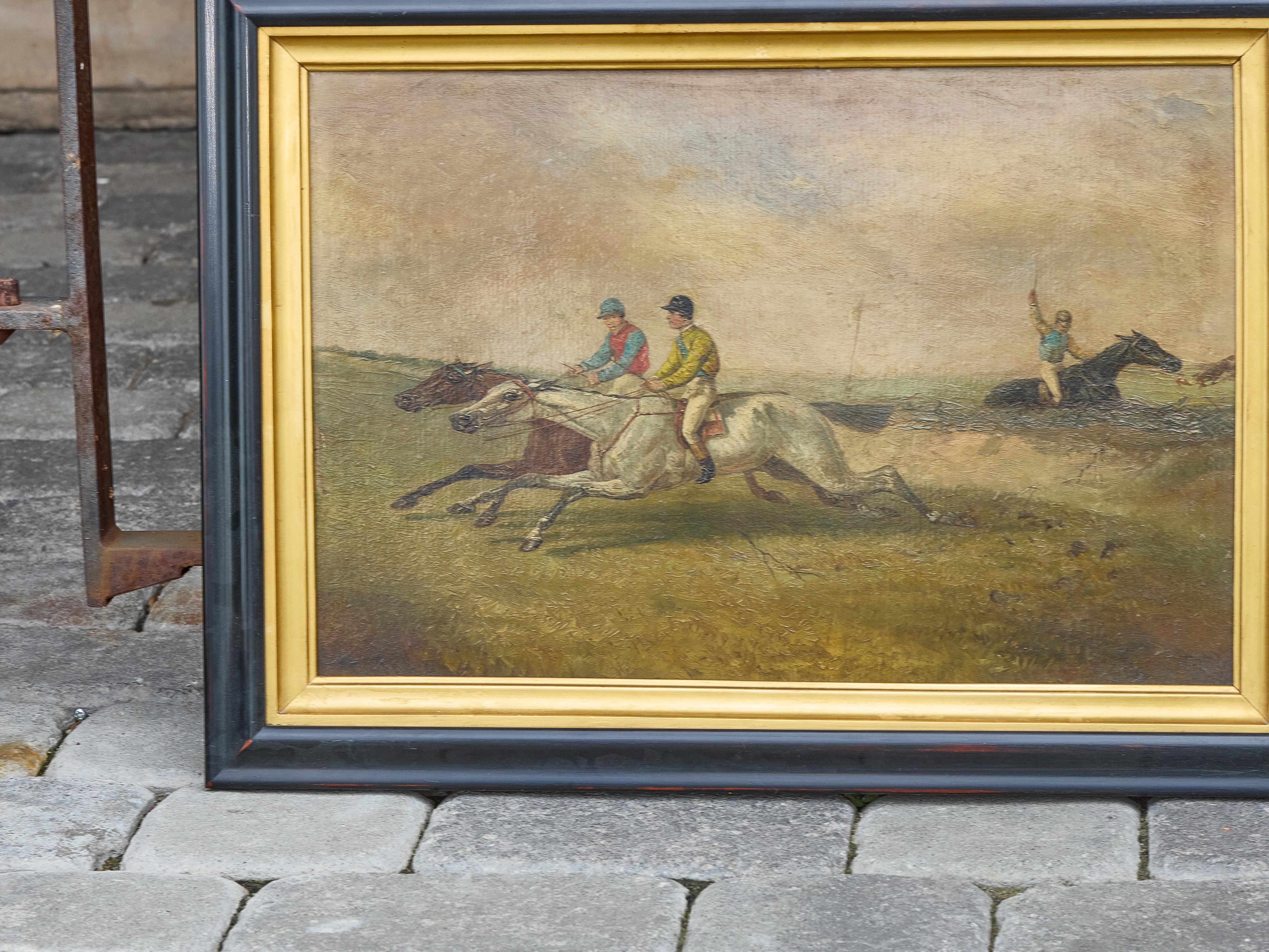 Paar britische Steeplechase-Pferdrennen-Gemälde auf Karton, gerahmt (Holz) im Angebot
