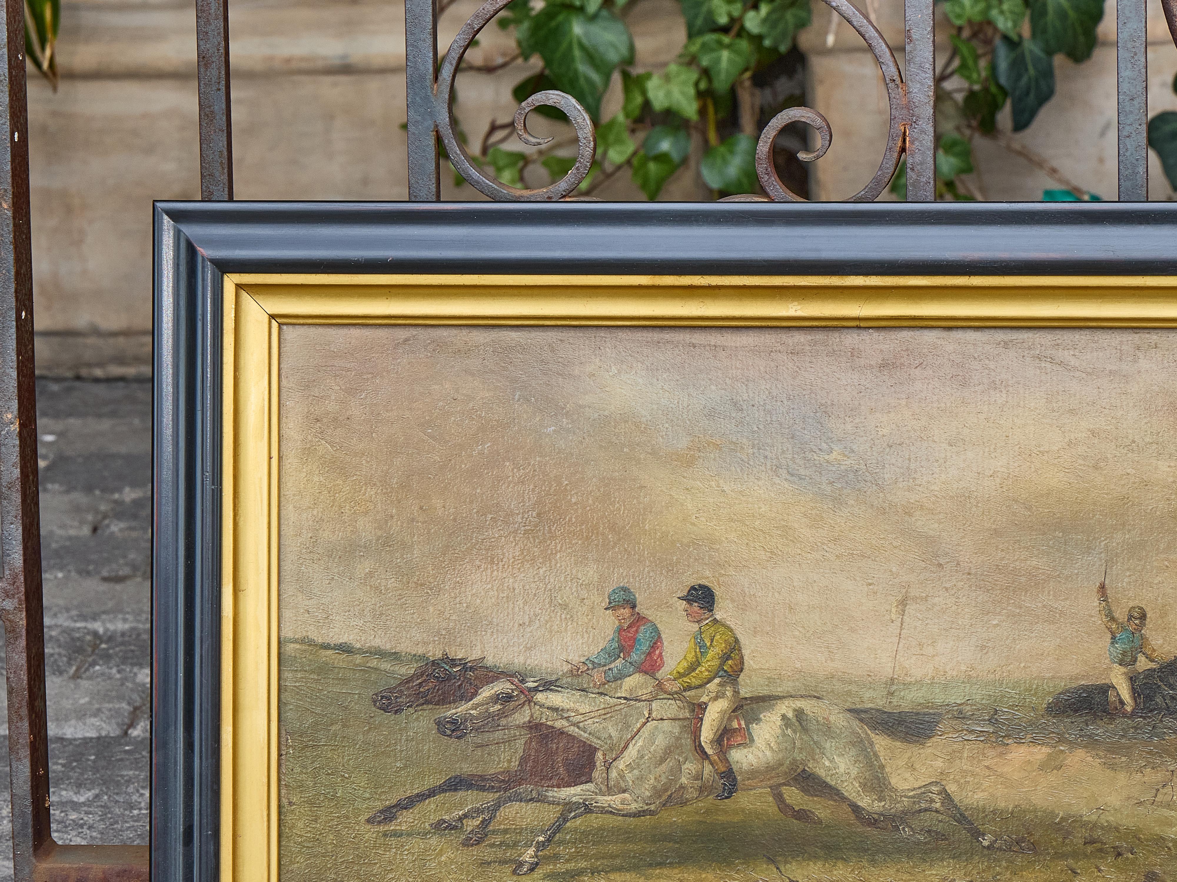 Paar britische Steeplechase-Pferdrennen-Gemälde auf Karton, gerahmt im Angebot 1