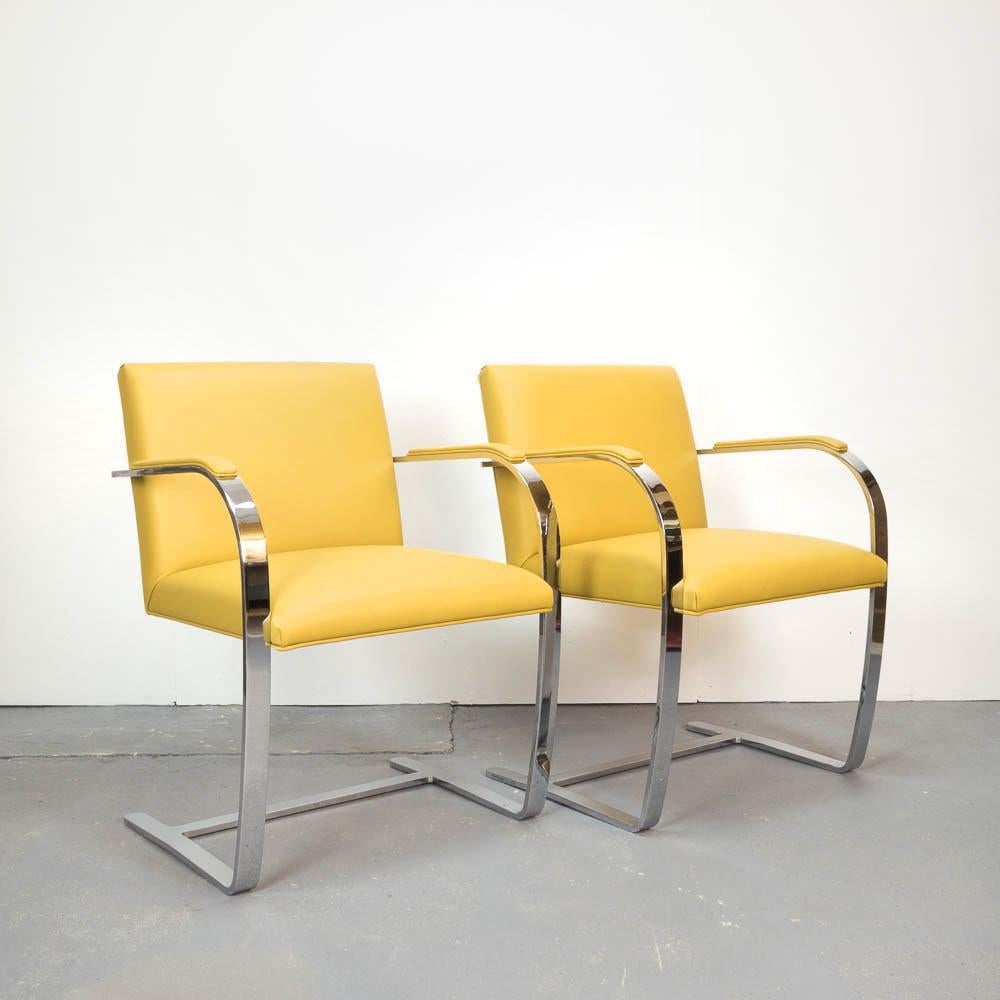 Pair of Brno chairs by Mies van der Rohe for Knoll Studio reupholstered in beautiful quality mustard aniline leather and patinated chrome frame. Designed 1930 for his Tugendhat House in Brno, Czech Republic.