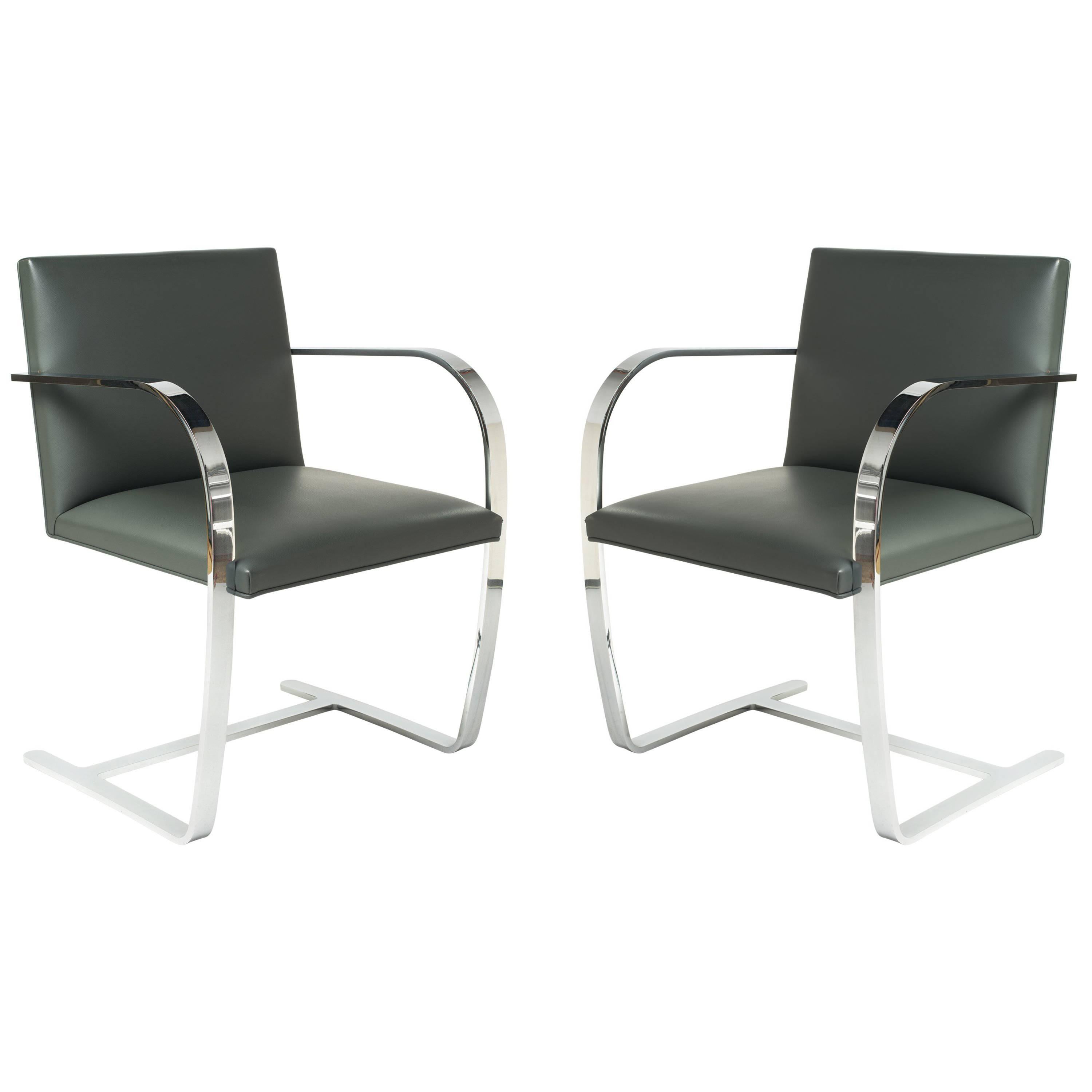 Pair of Brno Chairs in Elephant Grey Leather by Knoll Studio