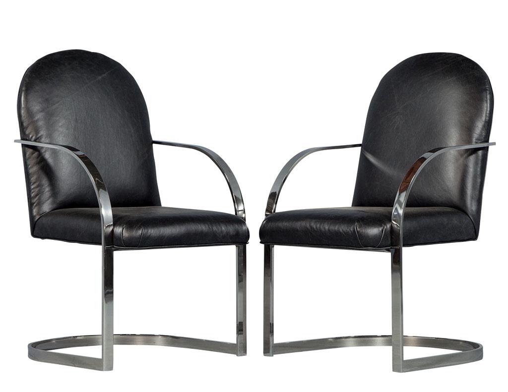 Pair of Brno flat bar chairs in the manner of Mies van der Rohe. This Pair of 1970s Mid-Century Modern Brno chairs feature timeless curves on the Classic polished flat bar stainless steel frames. This set is upholstered in a luxe Italian distressed