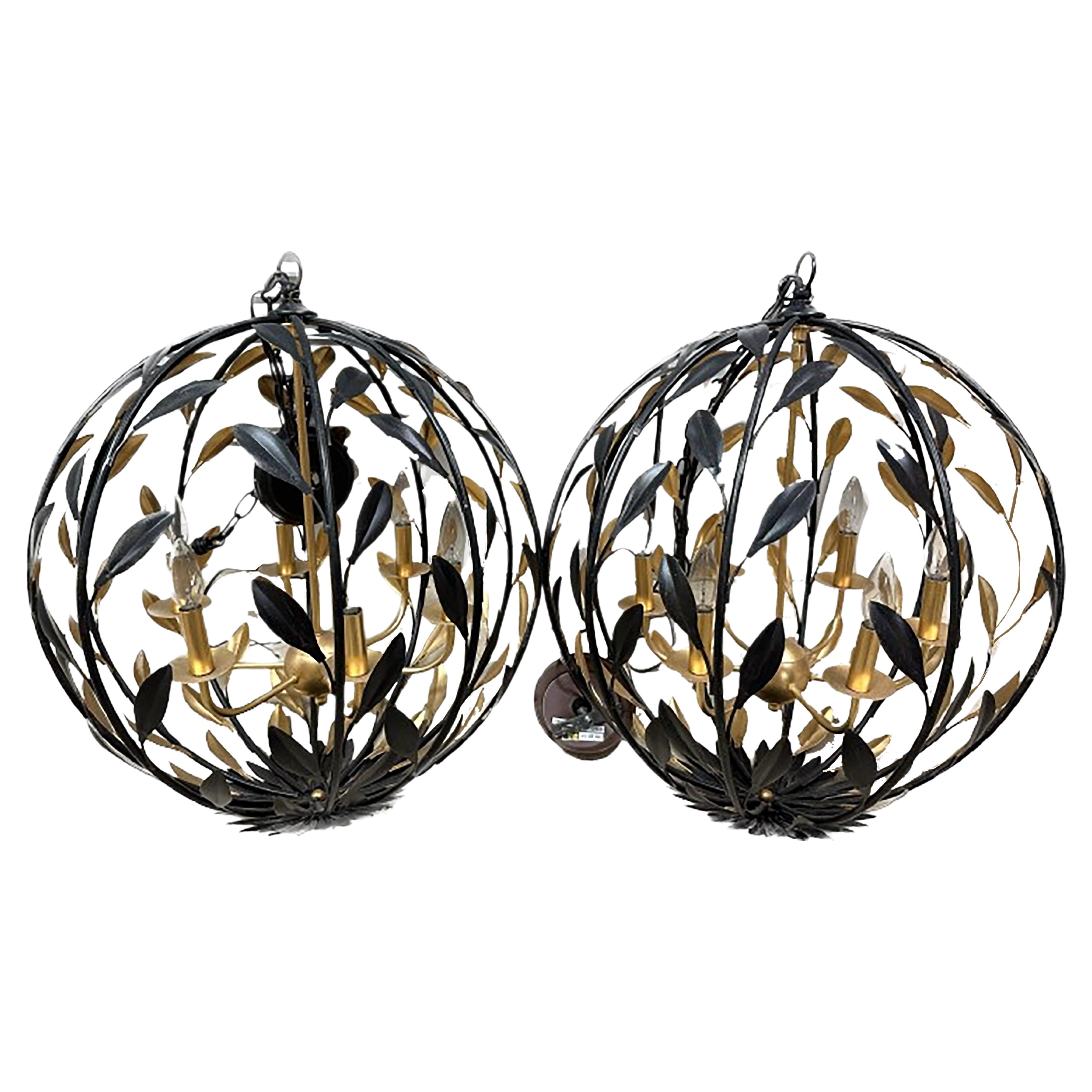 Pair of Broche Bird Cage Iron Chandeliers with Antique Gold Detail For Sale