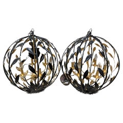 Pair of Broche Bird Cage Iron Chandeliers with Antique Gold Detail