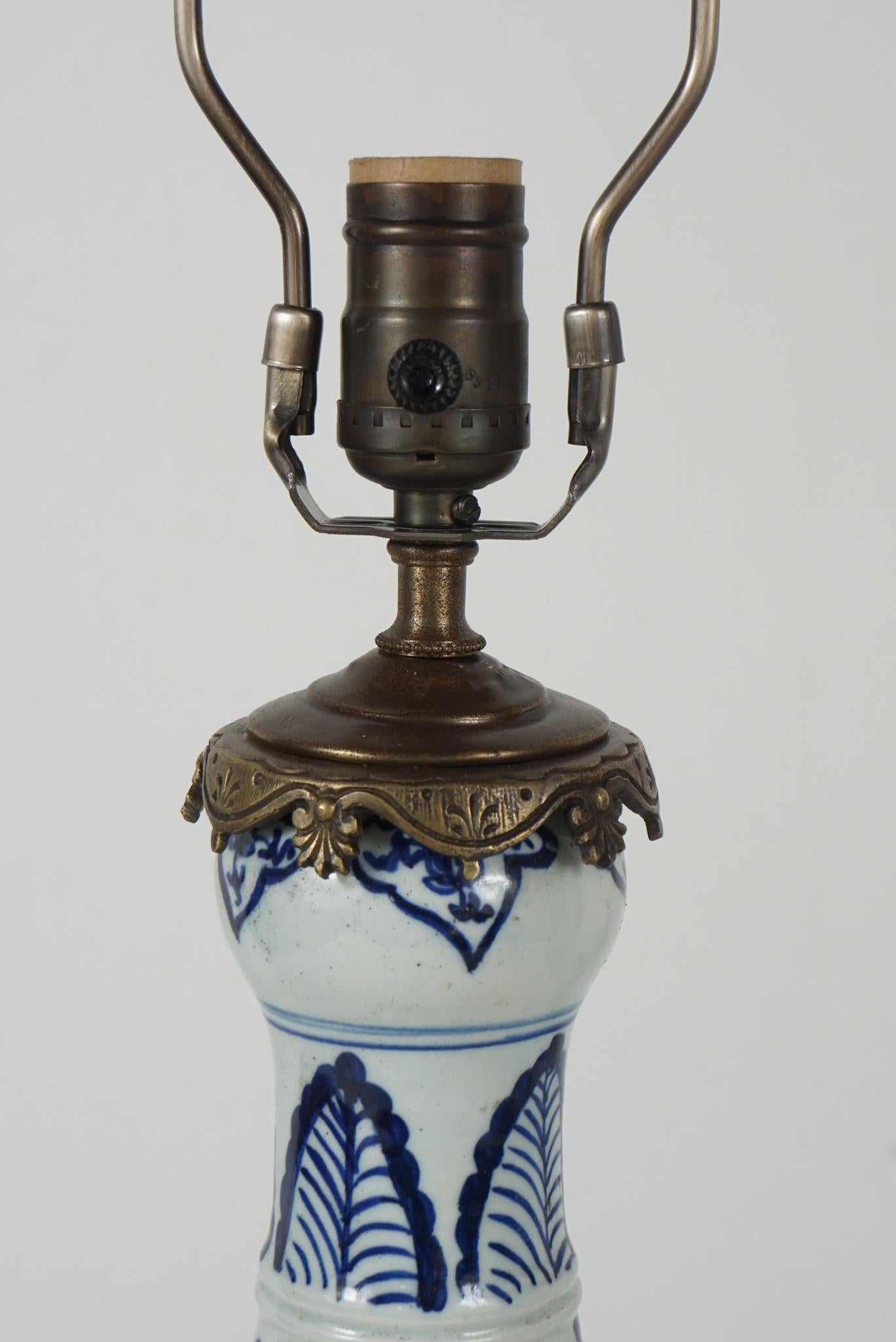 18th Century and Earlier Pair of Bronze Accented Chinese Blue & White Garlic Head Vases Mounted as Lamps