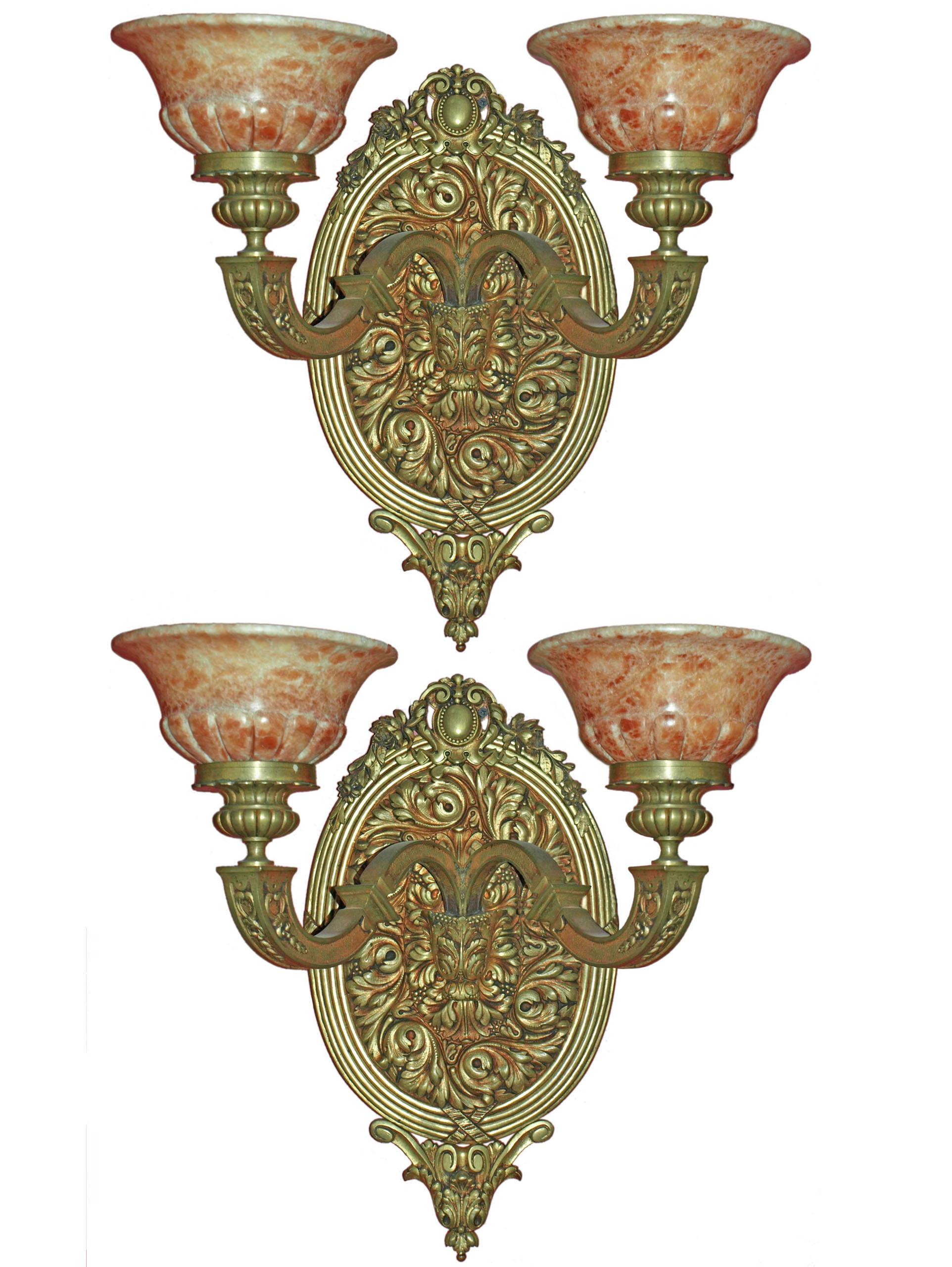 A superb pair of gilt bronze & alabaster wall sconces. France, circa 1920.
Dimensions: Height 16