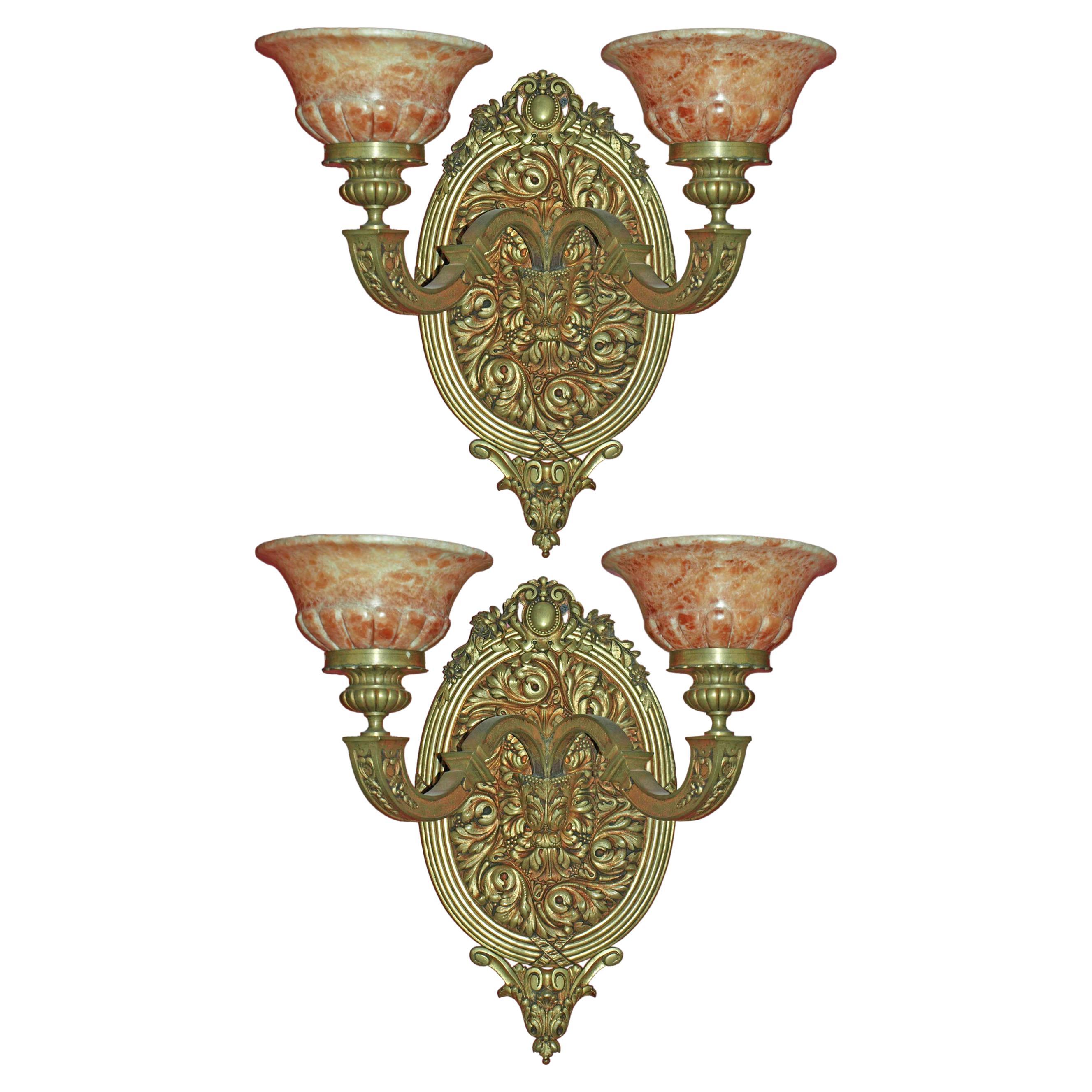 Pair of Bronze & Alabaster Wall Sconces