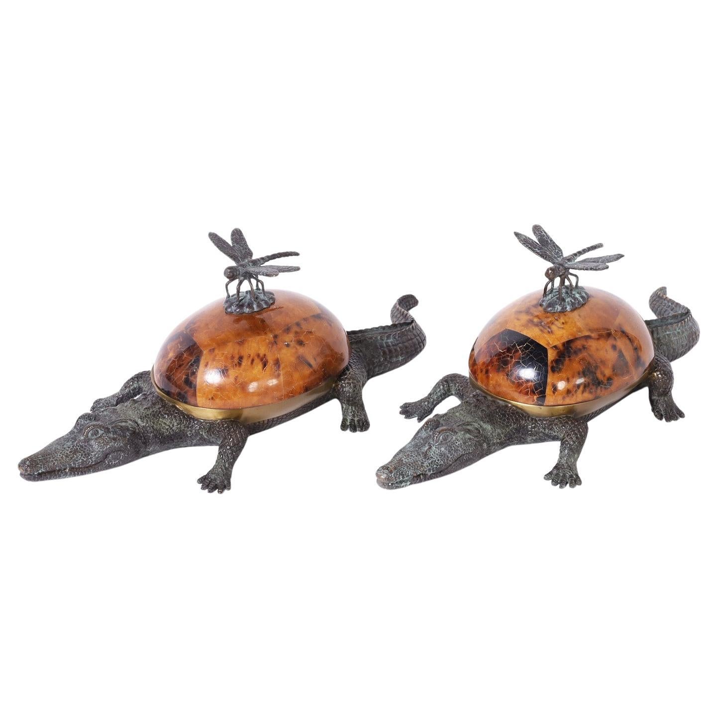 Pair of Bronze Alligator Boxes with Dragonflies, Priced Individually