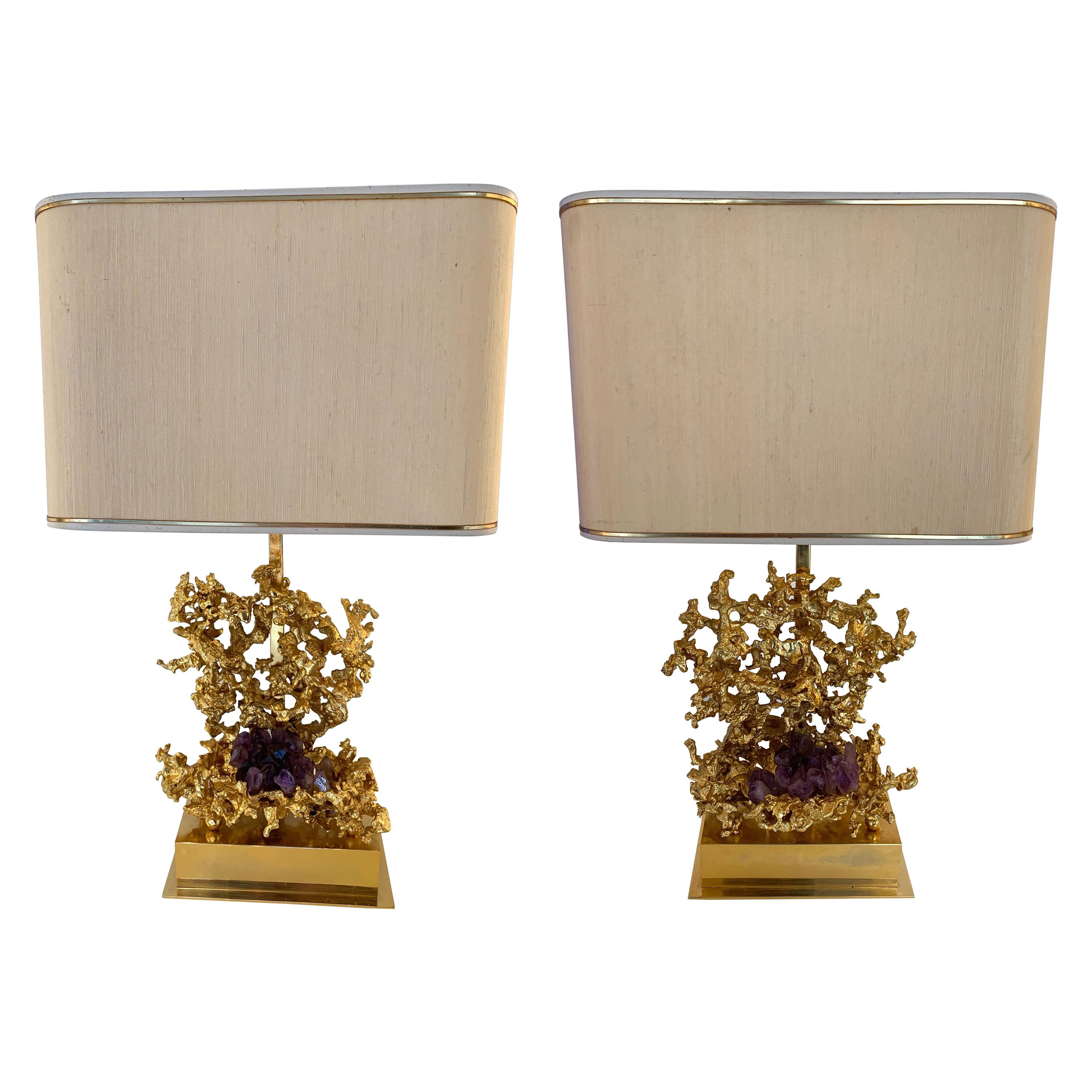 Pair of Bronze Amethyst Lamps by Boeltz, France, 1970s