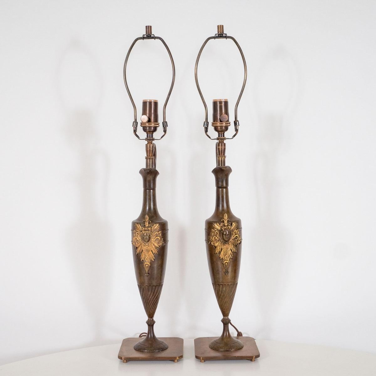Classical Greek Pair of Bronze Amphora Shaped Table Lamps For Sale