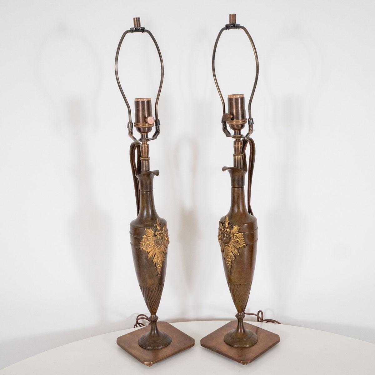 American Pair of Bronze Amphora Shaped Table Lamps For Sale