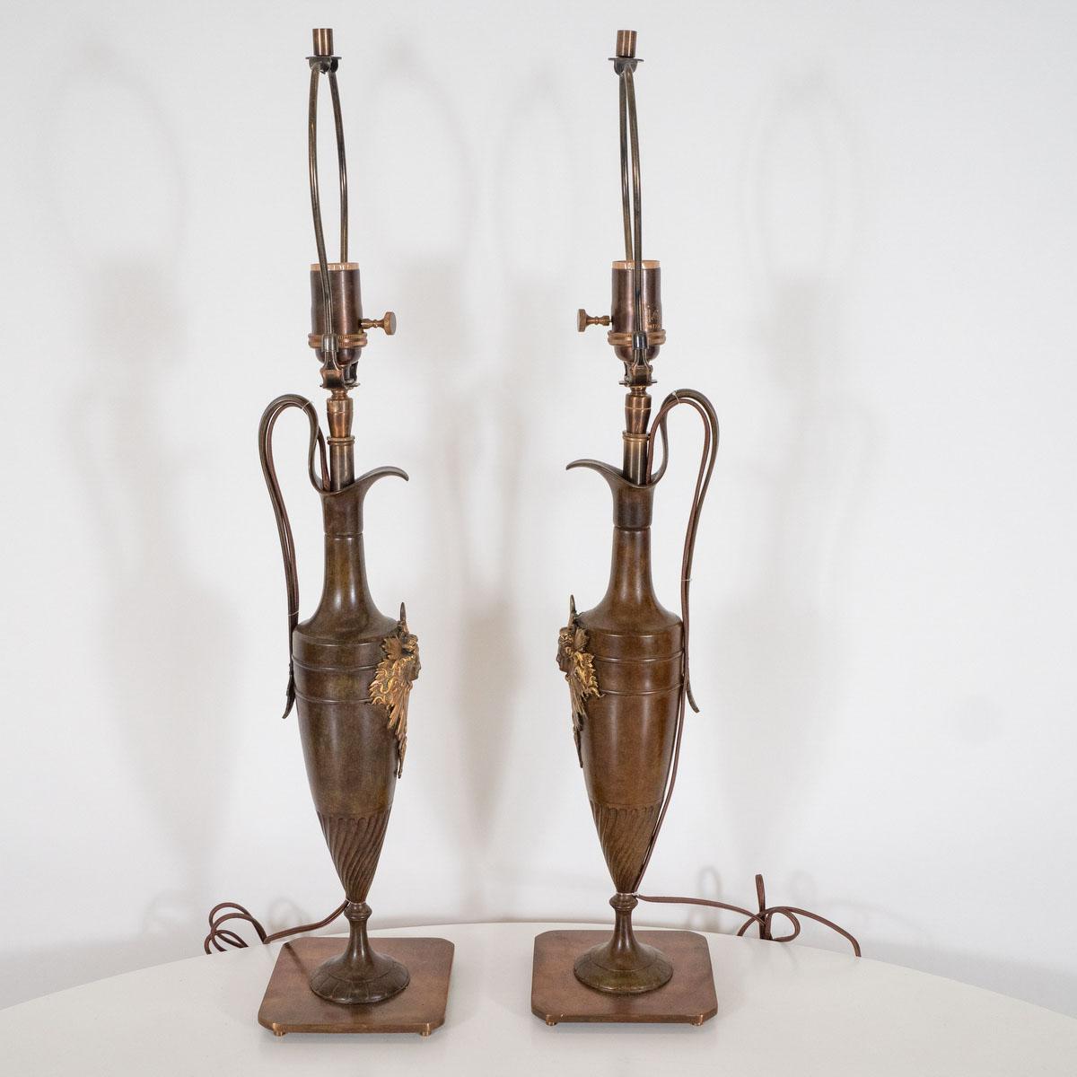 Pair of Bronze Amphora Shaped Table Lamps In Good Condition For Sale In Tarrytown, NY