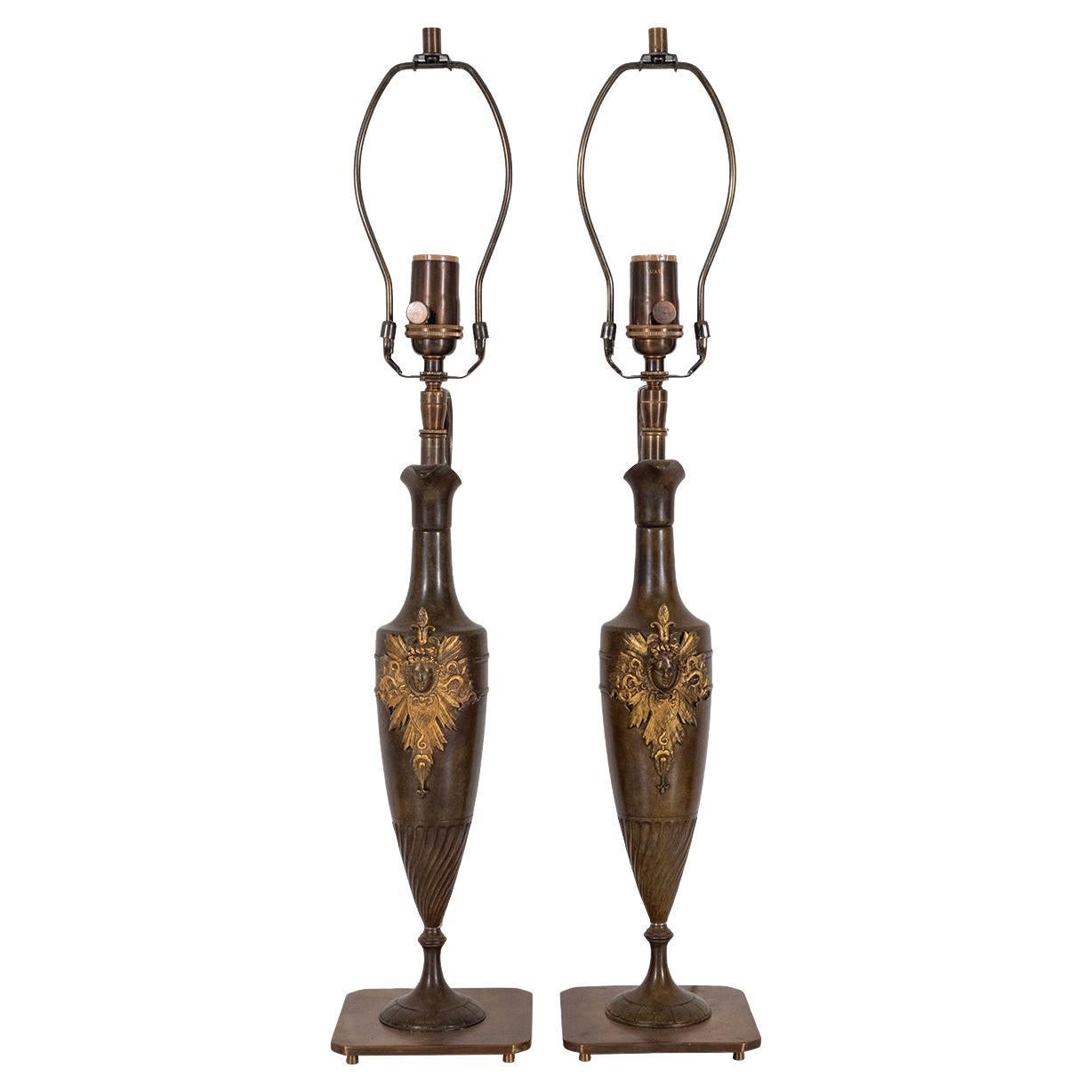 Pair of Bronze Amphora Shaped Table Lamps For Sale