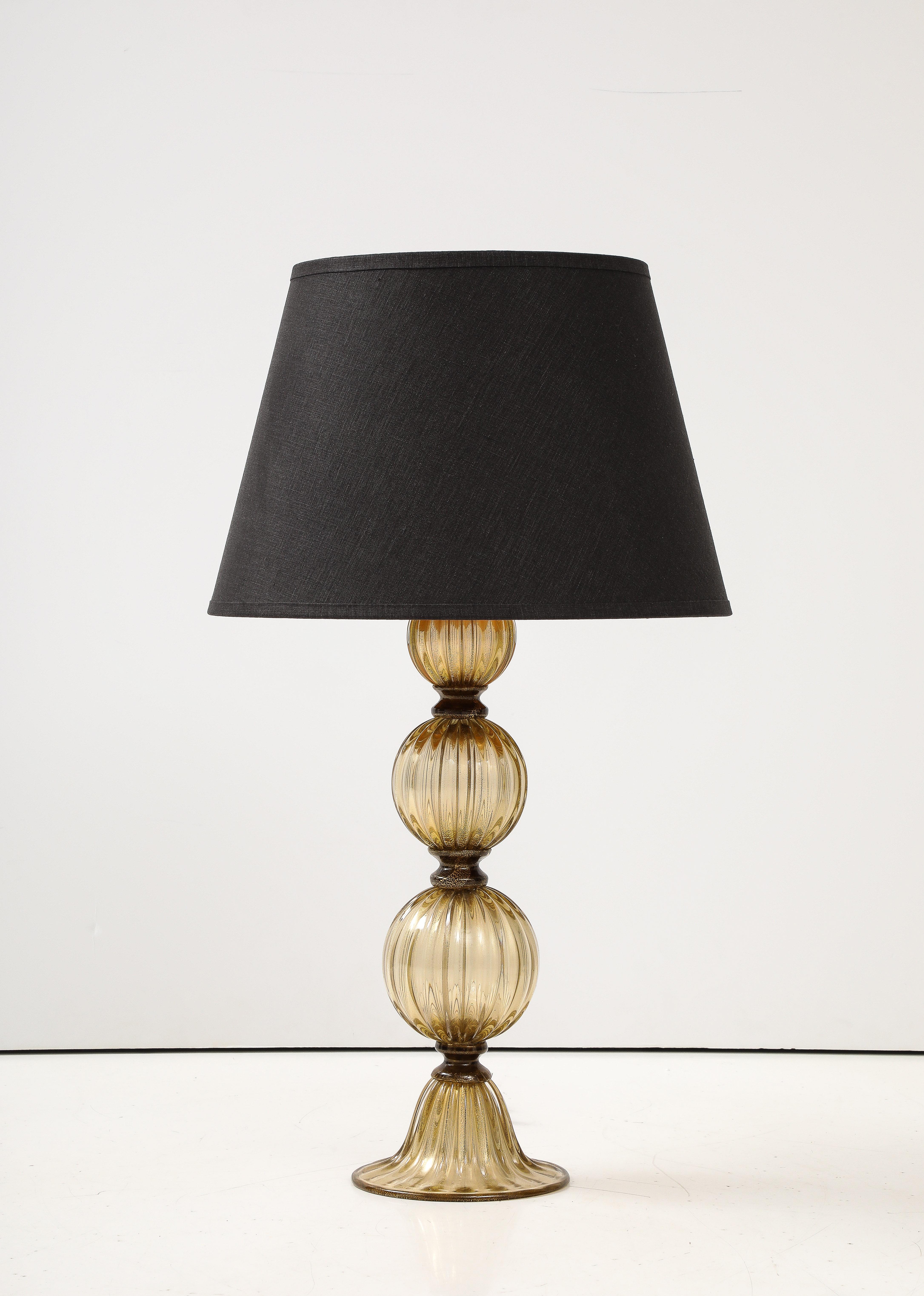 Mid-Century Modern Pair of Bronze and 23-Karat Gold Infused Murano Glass Lamps, Italy, 2024