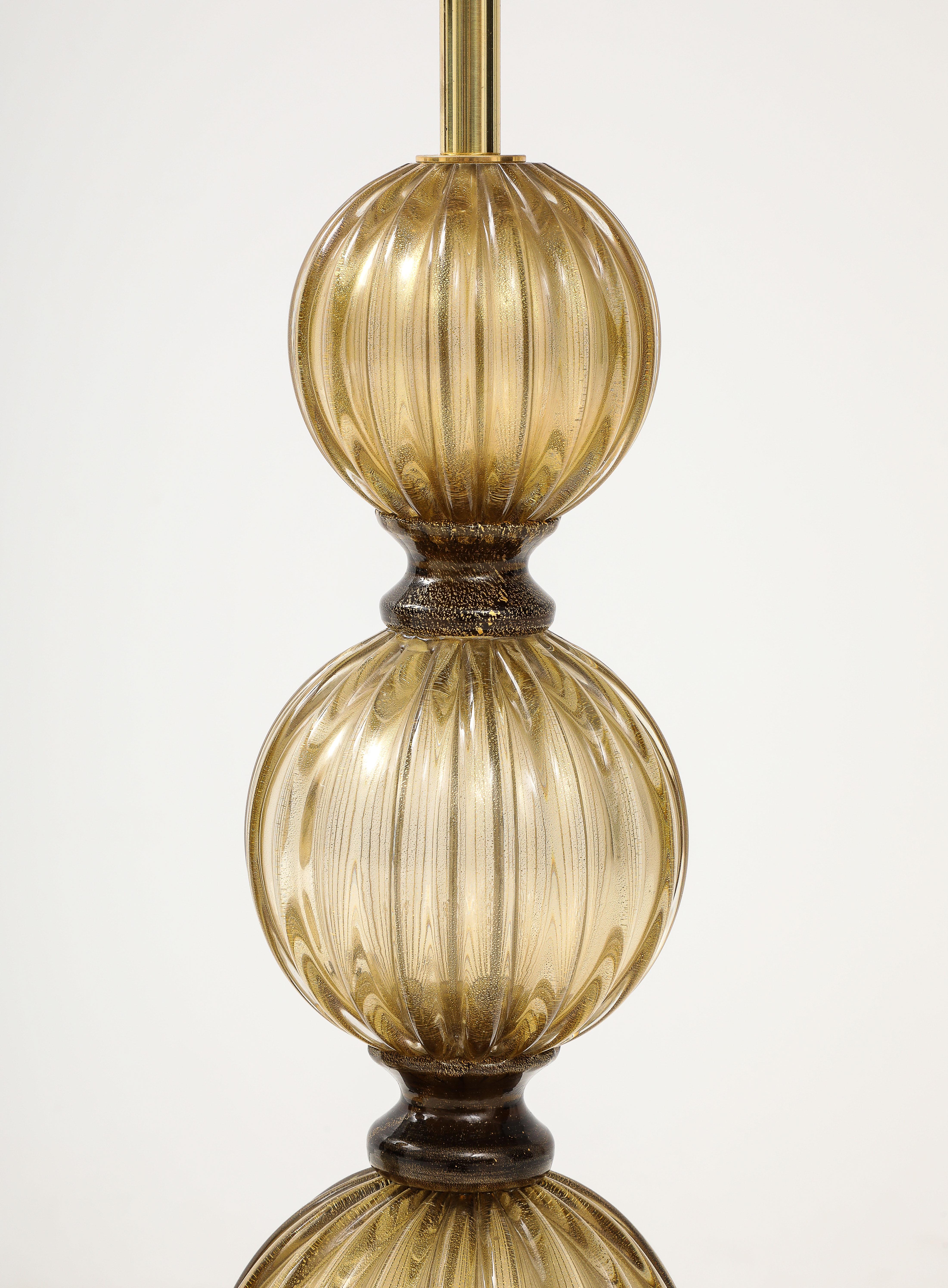 Italian Pair of Bronze and 23-Karat Gold Infused Murano Glass Lamps, Italy, 2024
