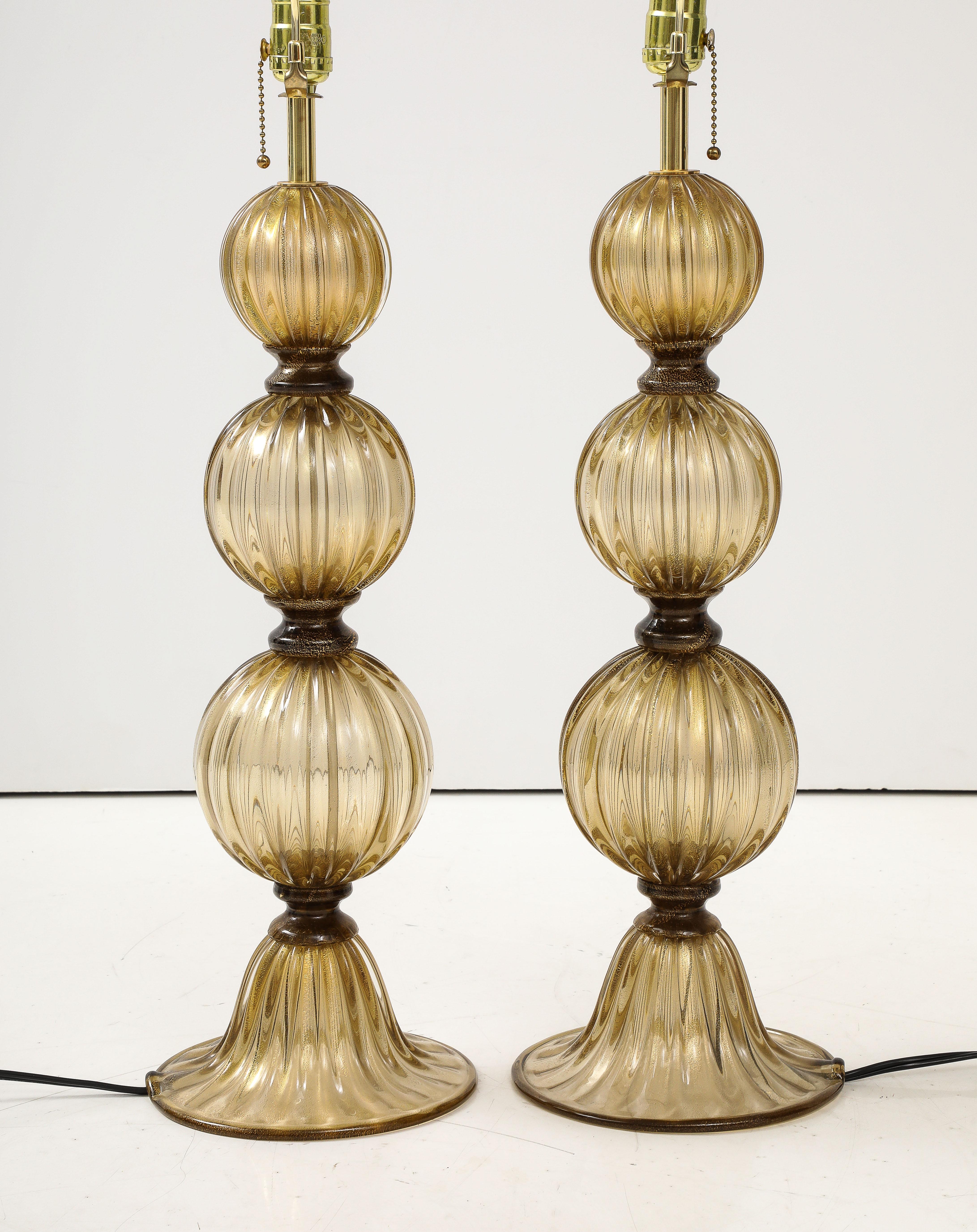 Hand-Crafted Pair of Bronze and 23-Karat Gold Infused Murano Glass Lamps, Italy, 2024